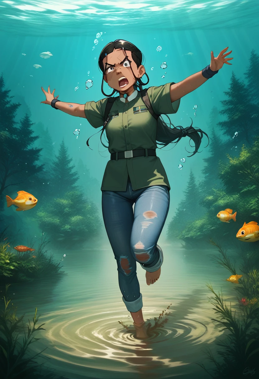 1girl, katara, soldier, (underwater view:1.1), drowning in quicksand ,fat girl, solo, fully submerged under surface of quicksand, going under the surface, (bruise eye:1.1), (black eye:1.1), (eyes looking angrily:1.1), eyes half closed, (angry eyebrows:1.1), (wide open mouth:1.1), (young face:1.1), (fat body:1.1), military uniform, tight military jeans, long black hair, long hair, dark skin, (fat legs:1.2), realistic style, best quality, good quality, good detailing, (quicksand:1.1), (forest:1.1), sunny weather