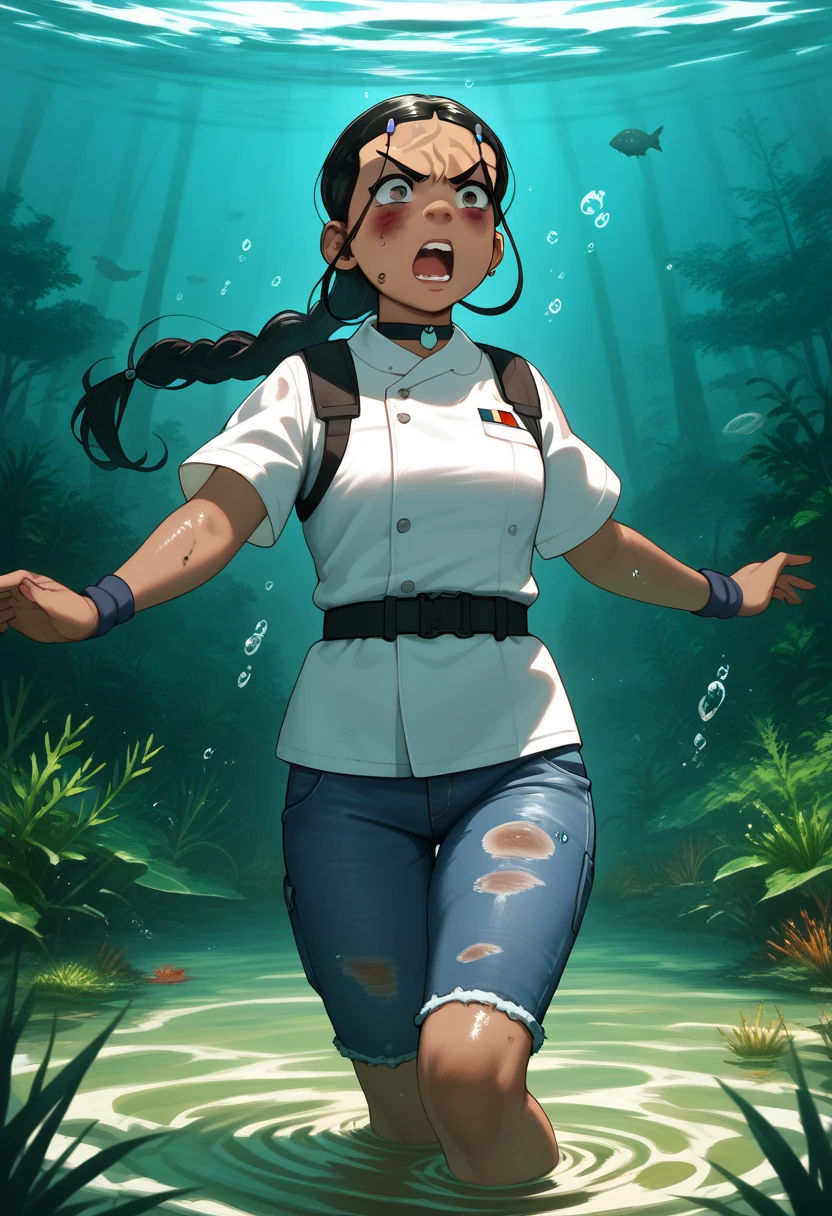 1girl, katara, soldier, (underwater view:1.1), drowning in quicksand ,fat girl, solo, fully submerged under surface of quicksand, going under the surface, (bruise eye:1.1), (black eye:1.1), (eyes looking angrily:1.1), eyes half closed, (angry eyebrows:1.1), (wide open mouth:1.1), (young face:1.1), (fat body:1.1), military uniform, tight military jeans, long black hair, long hair, dark skin, (fat legs:1.2), realistic style, best quality, good quality, good detailing, (quicksand:1.1), (forest:1.1), sunny weather