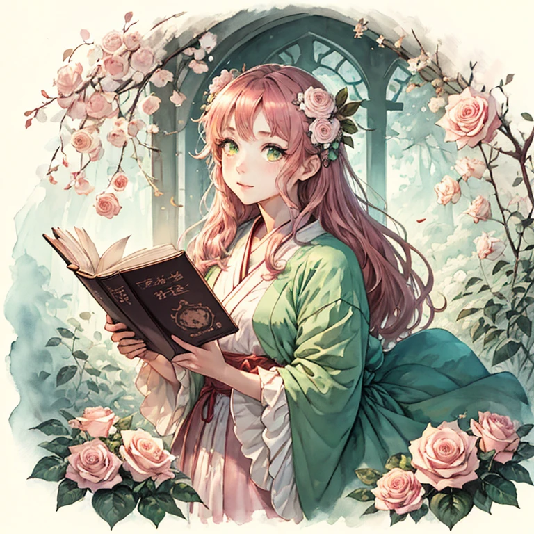 Best Quality,   1 girl,   Very Delicate and Beautiful , young,   Brownish Pink Hair  ,  Straight  　green eyes ,       Pinch Your Nose      , ( very young), ((Very beautiful)),  intellectual,        happy       ,  White Rose　books　warm　   Portrait of a Cute Anime Girl  ,       cute girl anime visual     ,       in a gorgeous dress  ,  鮮明で鋭いRPGのwatercolor ,  watercolor ,     garden background     ,I have a book　     fantasy　        Light Background 　 long hair ,    eyes and eyebrows are close　White Rose Garden 前髪なし 額を出す　green eyes　Hair&#39;Not tied down, Too much hair, Super long hair,  Straight hair 　 European Dress 　city