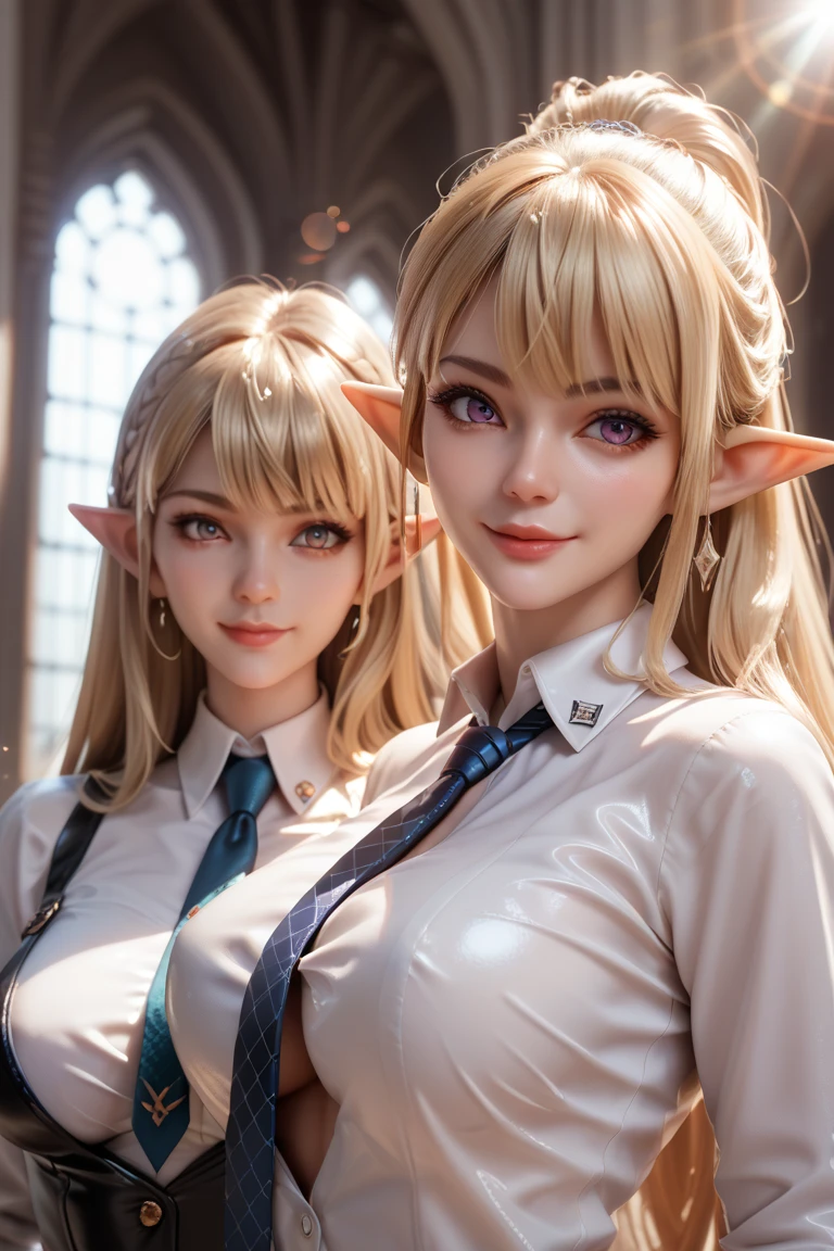 2 girls in extremely tight shiny leather blouse button placket,langes Haar, Bangs, Breasts, Lens reflection, Reflected light, Are there at home , Necktie, seductive smile , pointed ears,  blonde hair, 