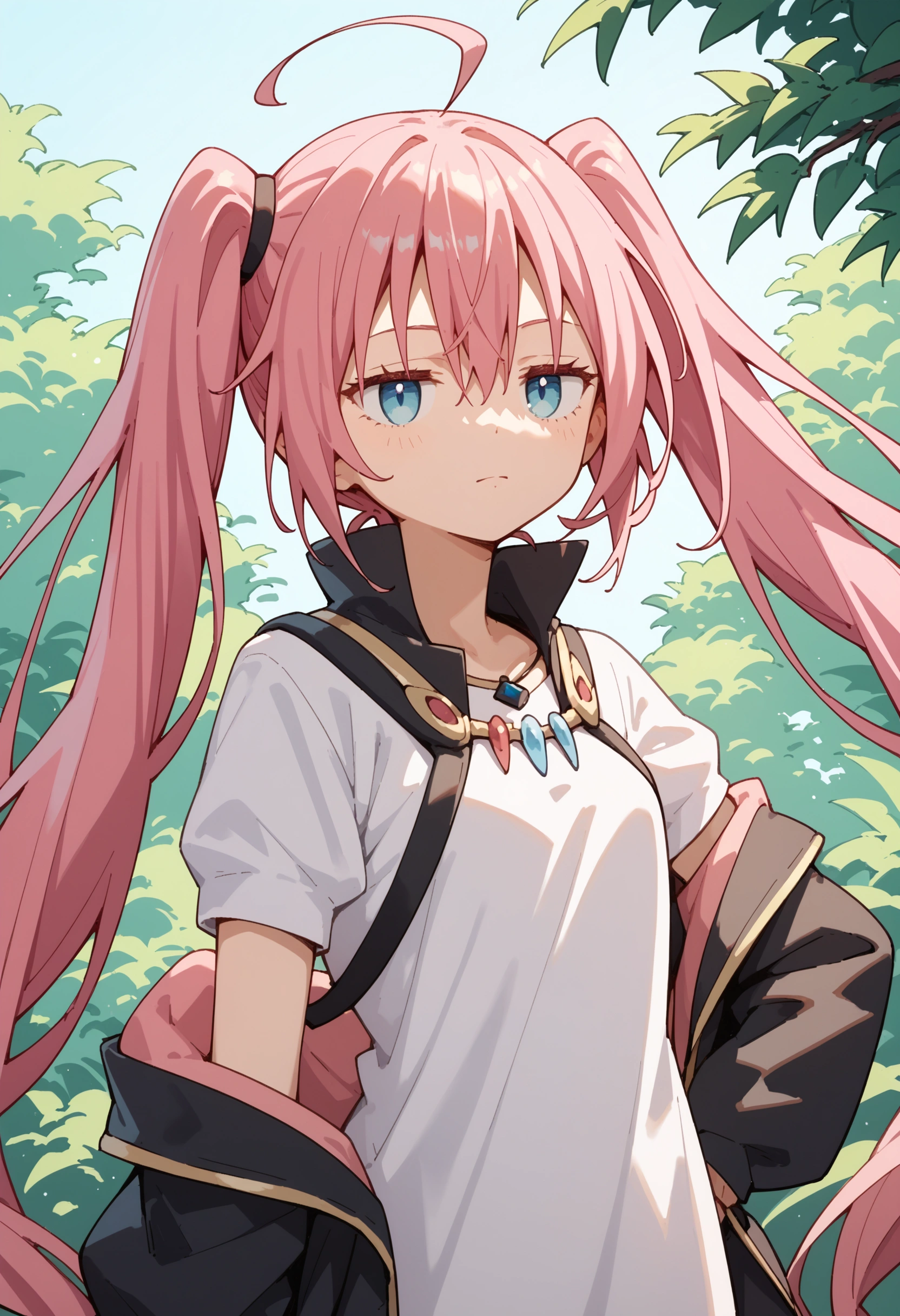 score_9, score_8_up, score_7_up, source_anime, anime, 1girl, milim nava, long hair, blue eyes, hair between eyes, twintails, very long hair, pink hair, ahoge,outdoor