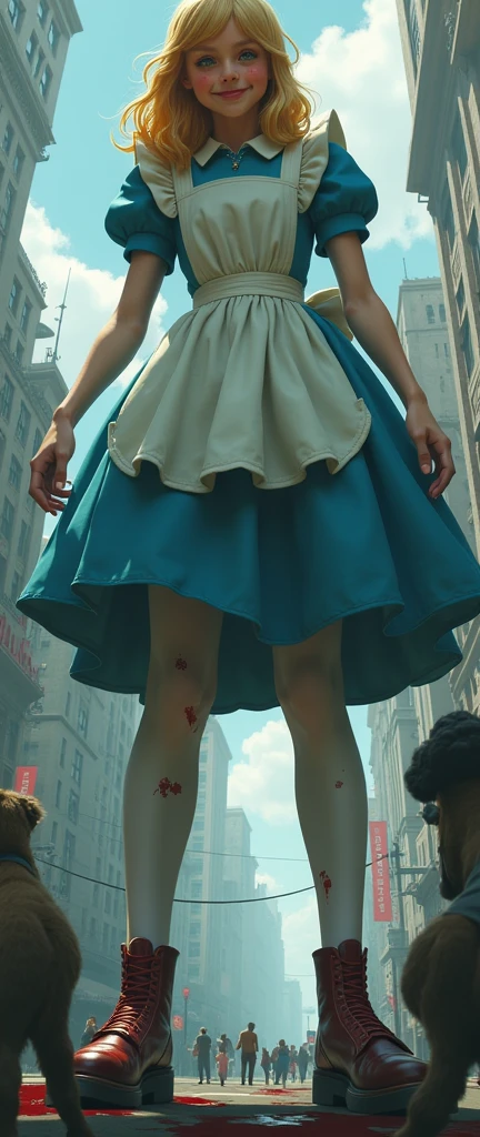 Low perspective of a young giantess Alice from Wonderland. The character is looking down at the cityscape with a grin smirk. The character towers over the buildings, with a sense of scale and proportion to emphasize her immense size relative to the city. Tiny people are trampled under her steps, with blood splattered over her shoes.