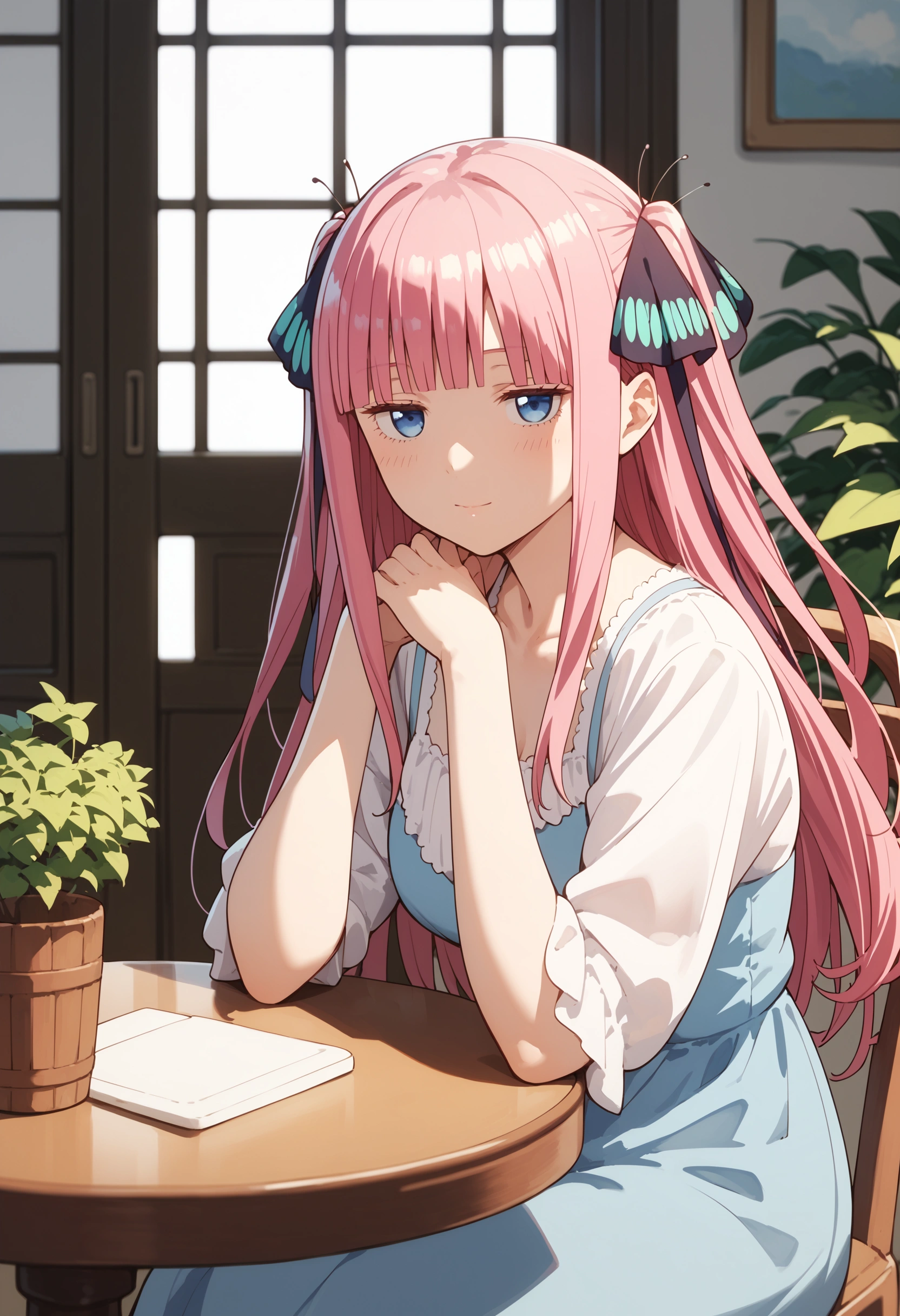 score_9, score_8_up, score_7_up, source_anime, anime, 1girl, , nino nakano, long hair, bangs, blue eyes, hair ornament, hair ribbon, pink hair, blunt bangs, two side up, butterfly hair ornament, mature female,table,sitting,chair,looking at viewer,jitome