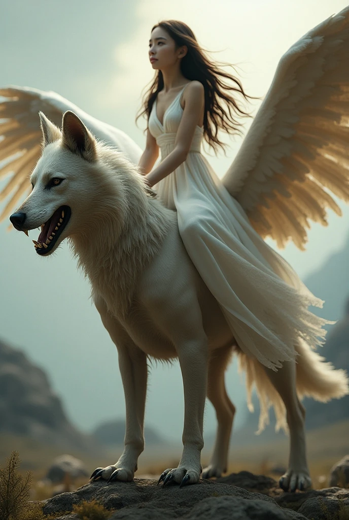Angel riding a wolf