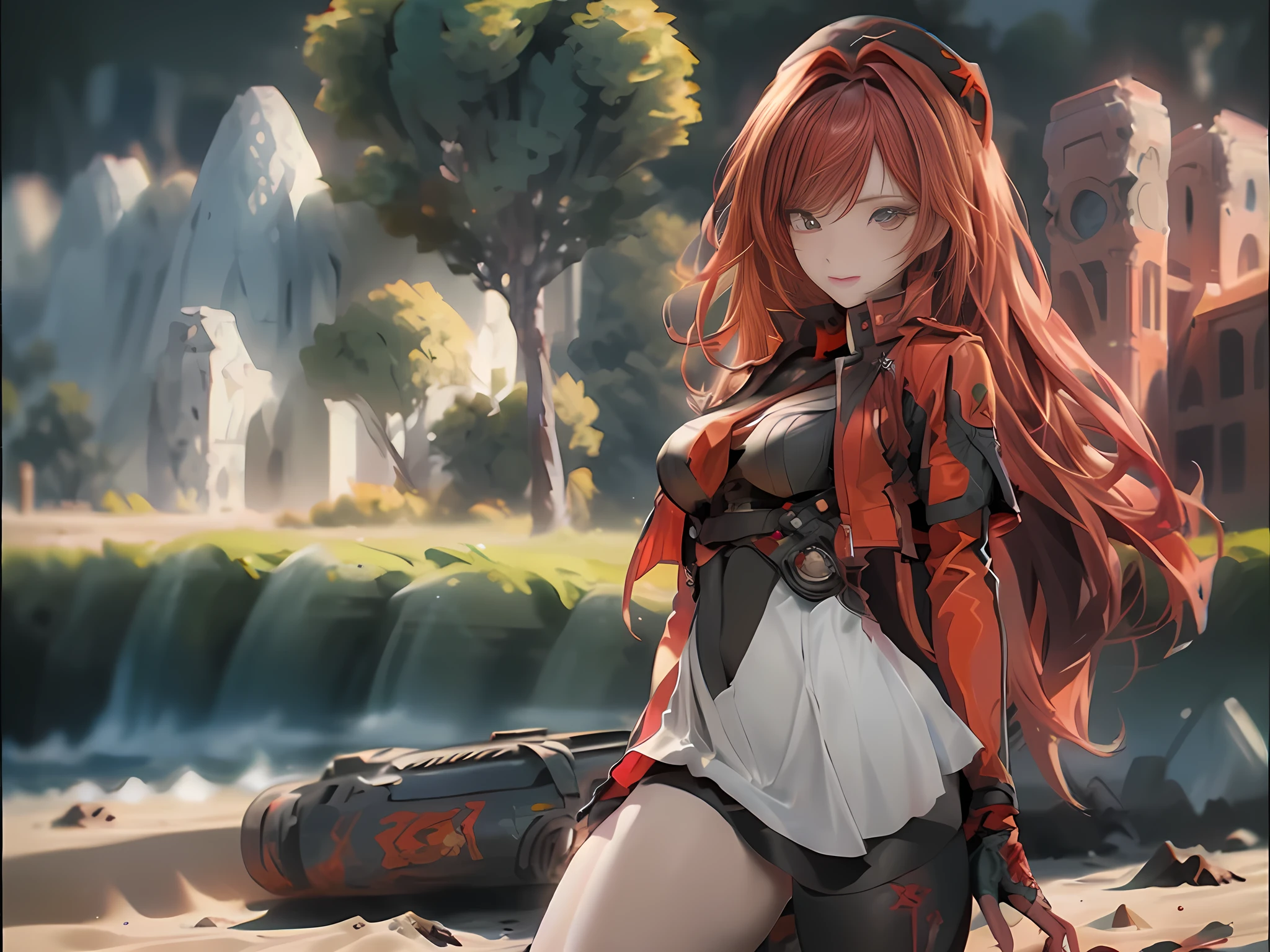 Alone, ((Best quality)), ((masterpiece)), (detailed:1.4), 3D, an image of a beautiful cyberpunk female, long burning red hair, burning hair, Red eyes, Black Barret Hat, Red Soldier Shirt, White undercloth, black panty, black skirt, black thick boot, long black kneesock, Grenade belt, Big chest, Big thigh, High thigh black knee sock, full view of girl, battlefield background, black combat boot, red necktie, black glove, black combat suit, black jacket, black cloak, black panty, ammo belt, HDR (High Dynamic Range),Ray Tracing,NVIDIA RTX,Super-Resolution,Unreal 5,Subsurface scattering,PBR Texturing,Post-processing,Anisotropic Filtering,Depth-of-field,Maximum clarity and sharpness,Multi-layered textures,Albedo and Specular maps,Surface shading,Accurate simulation of light-material interaction,Perfect proportions,Octane Render,Two-tone lighting,Wide aperture,Low ISO,White balance,Rule of thirds,8K RAW,