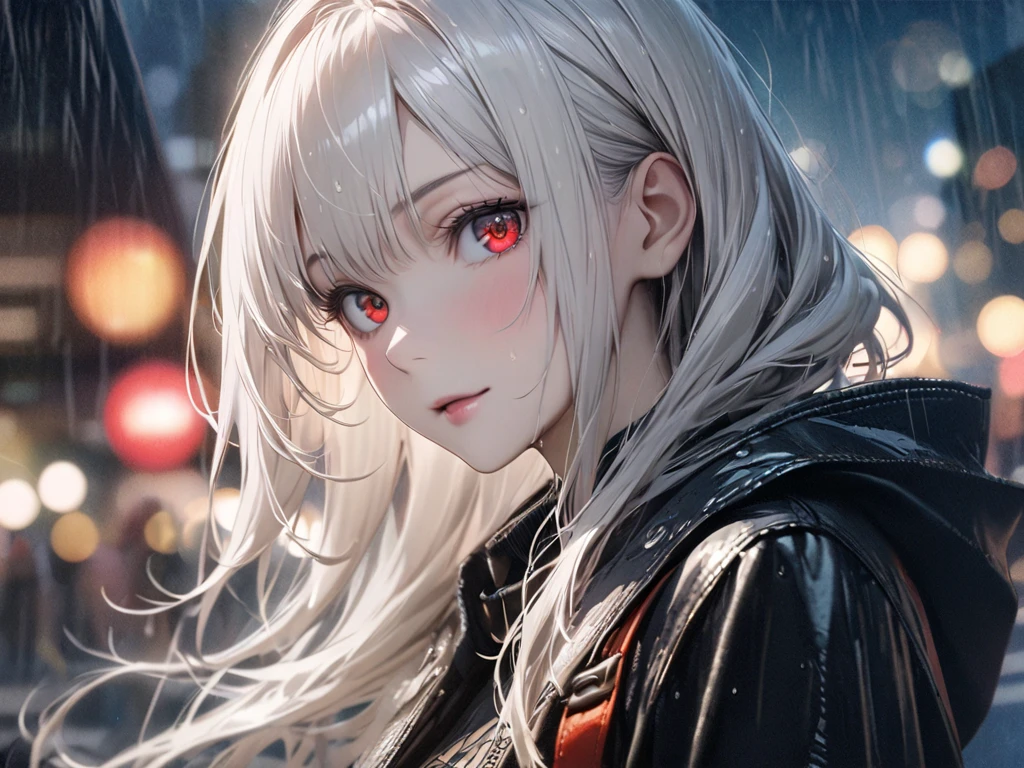 masterpiece,  Best Quality ,  extremely detailed,  movie lights from the waist,  fine details,  high resolution ,  Official Art ,  fine detailed beautiful face and eyes,  high resolution 插图, 8K,  photo depth , Bokeh,  alone, 1 Girl,   a girl with white hair and red eyes, White hair,  Beautiful Red Eyes ,  Beautiful Scenery , Rain City,  upper body,  watching the viewer , close up