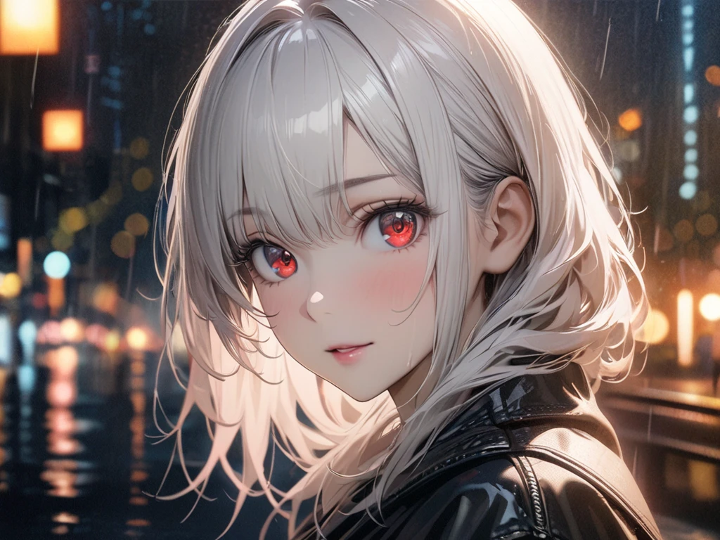 masterpiece,  Best Quality ,  extremely detailed,  movie lights from the waist,  fine details,  high resolution ,  Official Art ,  fine detailed beautiful face and eyes,  high resolution 插图, 8K,  photo depth , Bokeh,  alone, 1 Girl,   a girl with white hair and red eyes, White hair,  Beautiful Red Eyes ,  Beautiful Scenery , Rain City,  upper body,  watching the viewer , close up