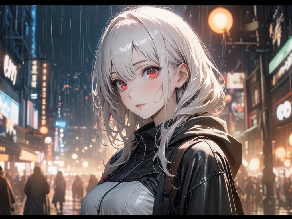 masterpiece,  Best Quality ,  extremely detailed,  movie lights from the waist,  fine details,  high resolution ,  Official Art ,  fine detailed beautiful face and eyes,  high resolution 插图, 8K,  photo depth , Bokeh,  alone, 1 Girl,   a girl with white hair and red eyes, White hair,  Beautiful Red Eyes ,  Beautiful Scenery , Rain City,  upper body,  watching the viewer , close up