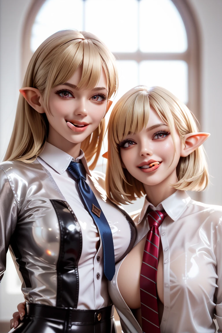 2 girls in extremely tight shiny latex blouse button placket,langes Haar, Bangs, Breasts, Lens reflection, Reflected light, Are there at home , Necktie, seductive smile , pointed ears,  blonde hair, Licking lips, 