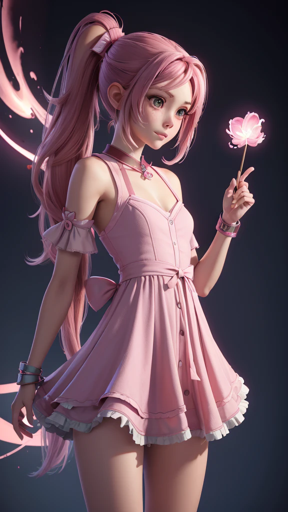 mahoushoujo, teen, girl，, young girl, young face, Brown eyes, Pink lips，pink hair, mahou shoujo hairstyle, lush ponytail, (Create a great atmosphere)，Mahou Shoujo pink dress, Mahou Shoujo short dress, Panties under the skirt are visible, her dress is too small for her, Perfect skin, (One, full figure), Full of texture, Hot rendering, Immersive visual pleasure，((Best quality)), ((the masterpiece)), maximum resolution, Multilayer textures， ultra - detailed， Illustration，（super detailed face)，（this is the perfect face）， finely detailed textures， Ultra HD display with detail， excellent image quality，Perfect fit and harmonious tones，deep lines，Precise strokes，A strong sense of three-dimensionality， Wonderful color scheme，complex parts