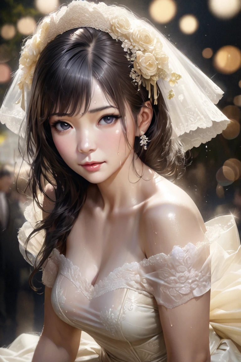 (sweat:0.7),Light yellow wedding dress ,White skirt,Miss, Japanese, Delicate Face ,  beautiful appearance , Bare Shoulders , slightly showing shoulders,translucent skin , black eyes, dark hair ,(photorealistic:1.4), realistic details ,  high resolution ,Bokeh,Outstanding details 