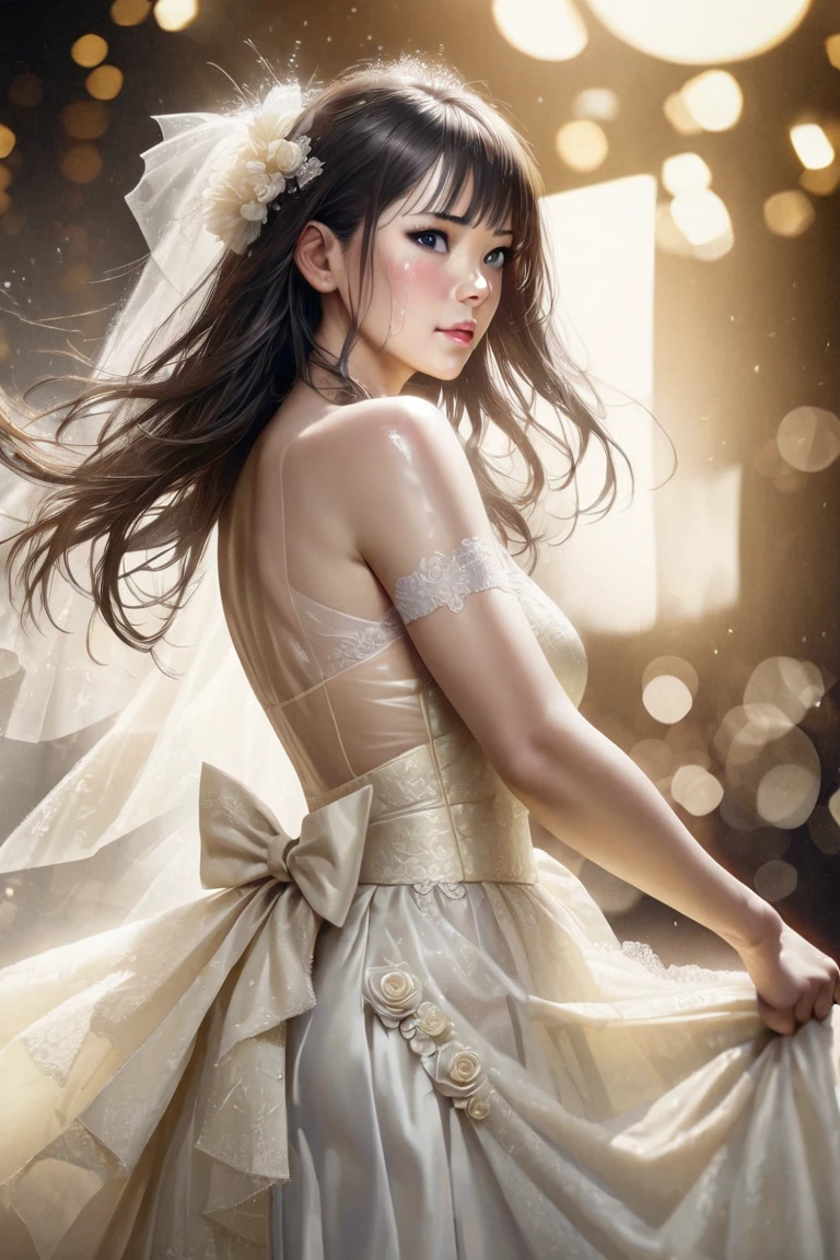 (sweat:0.7),Light yellow wedding dress ,White skirt,Miss, Japanese, Delicate Face ,  beautiful appearance , Bare Shoulders , slightly showing shoulders,translucent skin , black eyes, dark hair ,(photorealistic:1.4), realistic details ,  high resolution ,Bokeh,Outstanding details 