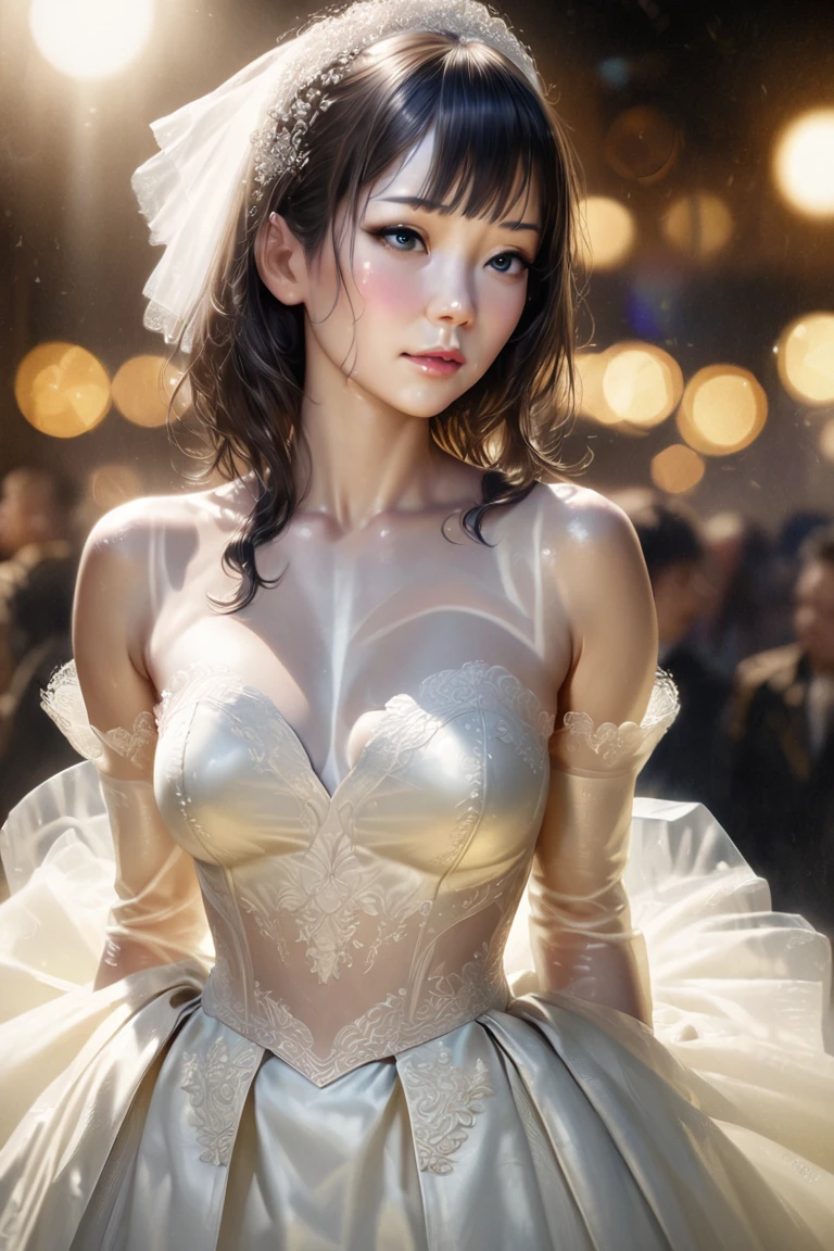 (sweat:0.7),Light yellow wedding dress ,White skirt,Miss, Japanese, Delicate Face ,  beautiful appearance , Bare Shoulders , slightly showing shoulders,translucent skin , black eyes, dark hair ,(photorealistic:1.4), realistic details ,  high resolution ,Bokeh,Outstanding details 