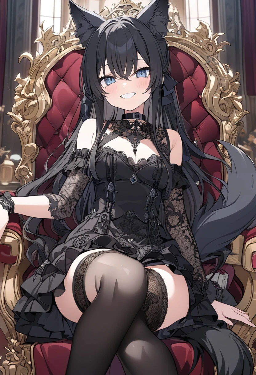 masterpiece,best quality,ultra detailed,(anime illustration, cute picture,bright color,DaysAI V3 style art work), 1 petite boy, wolf ears, wolf tail, black hair, long hair, choker, Gothic dress, garter stockings, super detailed, gorgeous lace, sitting on a throne, smiling,