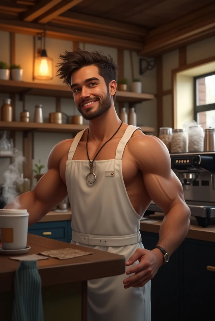 Homem tatuado sorrindo, with a cup of coffee in hand