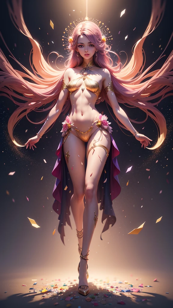 Create an illustration using the soft and ethereal qualities of watercolor. Beautiful pink skin anime model full body, sun-bathing on floating cloud along the suns surface, enticing eyes, curly hair dreamy, background thick clouds,, hyperdetailed, detailed, (masterpiece) . high fashion, luxurious, extravagant, stylish, sensual, opulent, elegance, stunning beauty, professional, high contrast, detailed, Depict a dreamy, whimsical scene with elements that seem to merge with the background