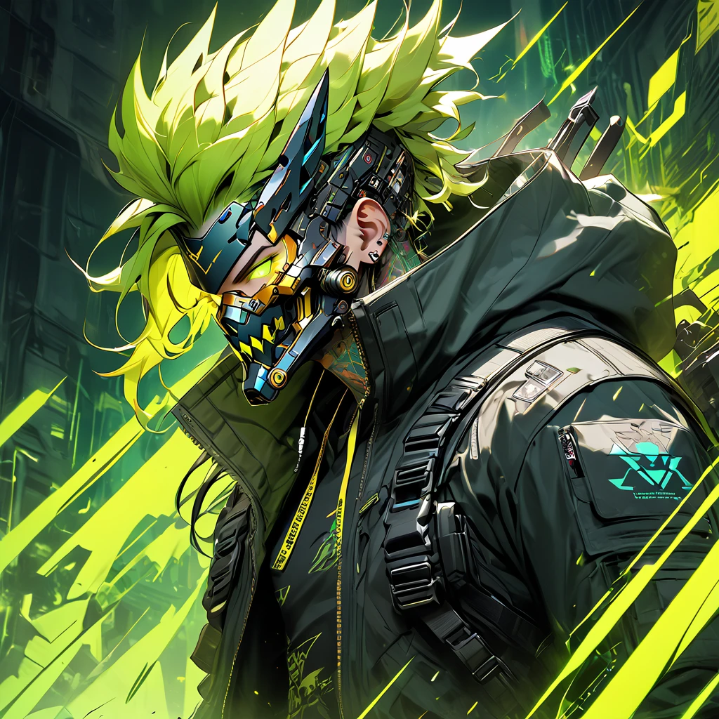 cyborg, 1_man_cyberpunk_2077, barghest, neon yellow and black techwear, cyberpunk backdrop, neongreen mohawk golden skullmask over his mouth, neongreen glowing eyes, tattoos on lower arms, sprinting
