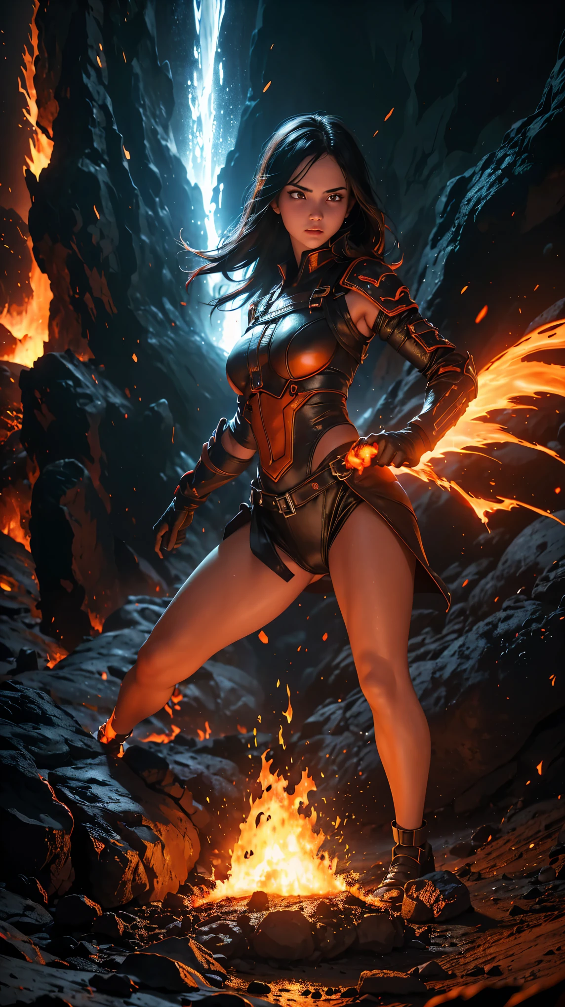 1girl, fire, molten lava, volcanic eruption, explosion, dynamic action pose, extreme heat, glowing embers, scorched earth, dramatic lighting, chiaroscuro, cinematic, dark fantasy, moody, high contrast, dramatic, epic scale, unreal engine, 8K, hyper detailed, photorealistic, volumetric lighting, depth of field, cinematic camera angles