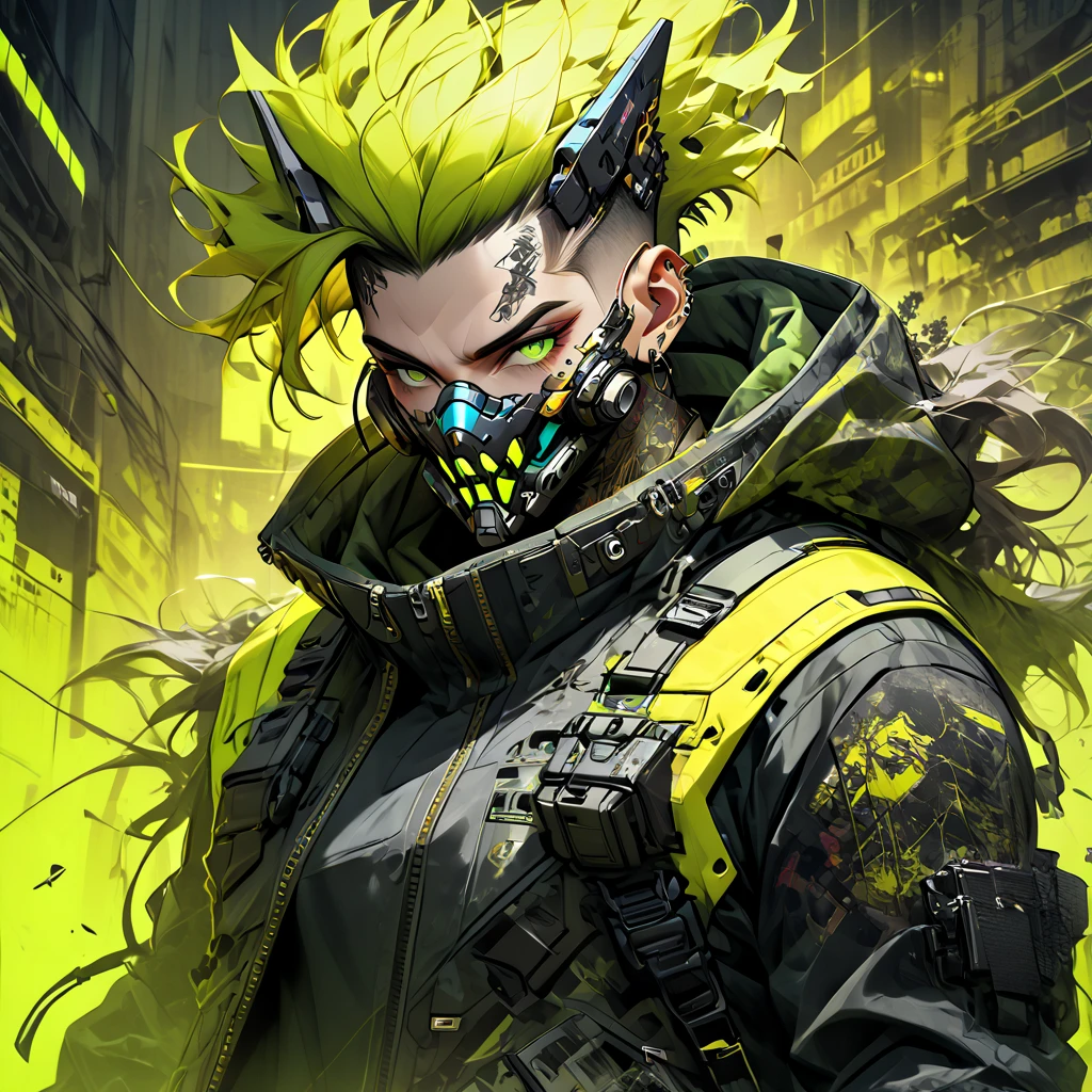 cyborg, 1_man_cyberpunk_2077, barghest, neon yellow and black techwear, cyberpunk backdrop, neongreen mohawk, golden skullmask over his mouth, neongreen eyes, tattoos on lower arms, sprinting
