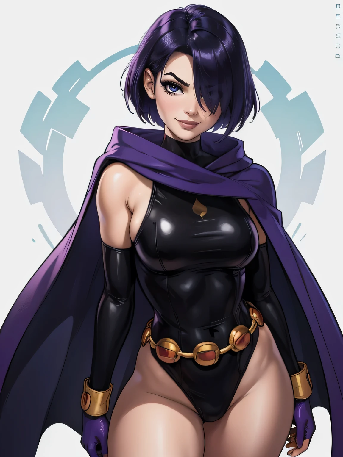 (masterpiece, best quality, high quality, highres:1.4), detailed, extremely detailed, ambient soft lighting, 4K, 1girl, (mature female, milf:1.2), (short hair, black hair, hair over one eye:1.3), (purple eyes, confident smirk:1.2), small breasts, thick thighs, (edgmousquetaire, costume, gloves, cape, boots, pirate, space pirate, matching boots, matching gloves, large hat, purple hat, feather on hat, wearing edgmousquetaire, leotard, purple leotard, belt:1.3), hand on hips, confident pose, outer space backdrop, bare legs,