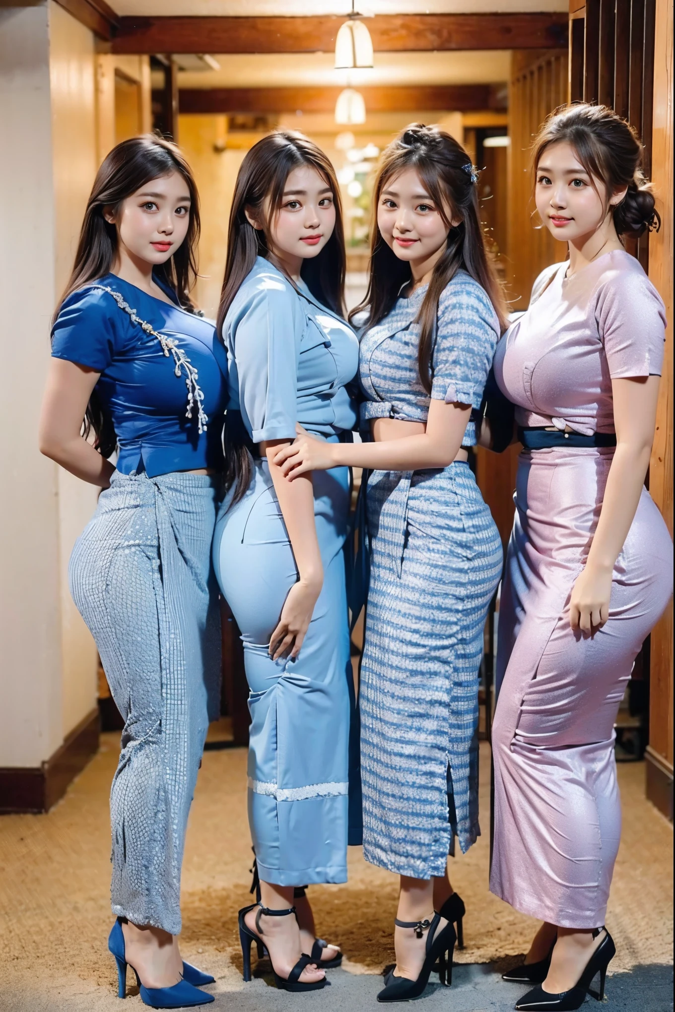 (Four high school students), ( standing facing me), Full body images shooting, (Group photo of girls), High image quality, 16k, (RAW photo:1.4), high definition, ( Composition away from the subject ), (Full body images from head to ankle), ( COMPLETE ANATOMY), 4 women, 4 sisters wear the same outfit, wearing acmm outfit,wearing acmm top shirt, wearing acmm long skirt,acmm long printed skirt ,(8k), (Best Quality: 1.5), very detailed, (F Cup Big:1.7), Big Breasts, Clevis, ( Two Sisters ), (Full body images), Large build, , ( Super cute face ), (Blonde), short hair, glare, grimacing, Looking down from here, Stand in the middle of the hallway, The room is bright , ( ( Standing with Shoulder-width Legs ), , ( wears high heels),