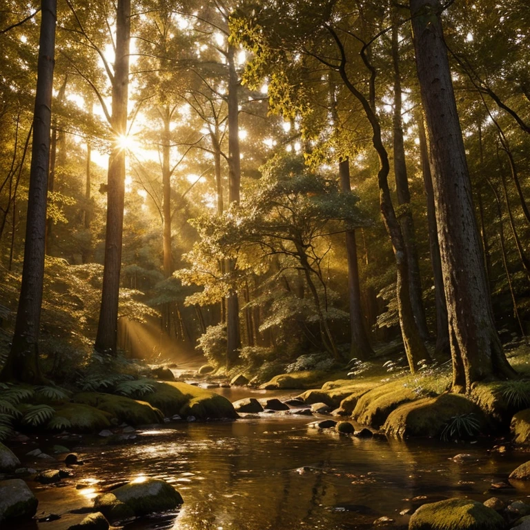 Create an awe-inspiring digital artwork that captures the serene beauty of an ancient forest at twilight. The scene should feature towering trees bathed in soft, golden light filtering through the foliage, casting gentle shadows on the lush undergrowth. The image should evoke a sense of tranquility and wonder, inviting viewers to immerse themselves in the enchanting realm of nature.