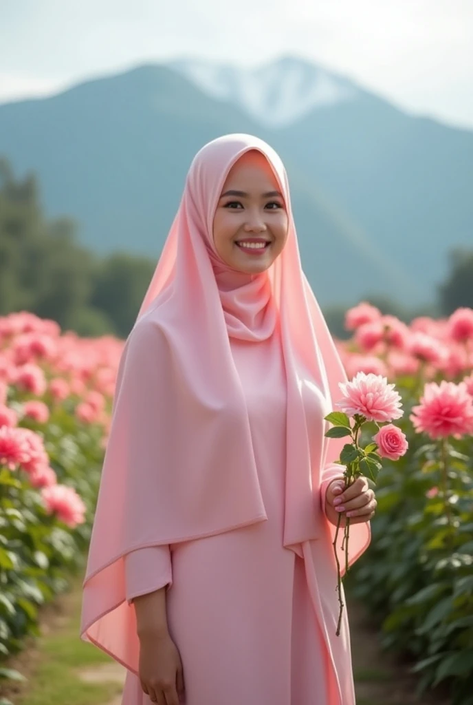 An artistic pastel blue-themed photo of a woman in a hijab, black color hijab, maroon dress with long flowery cardigan, holding buqet flower,kawaii style , standing amidst a field of tall, golden grass. The scene is bathed in warm, soft sunlight, with the blue sky overhead creating a harmonious and tranquil contrast.