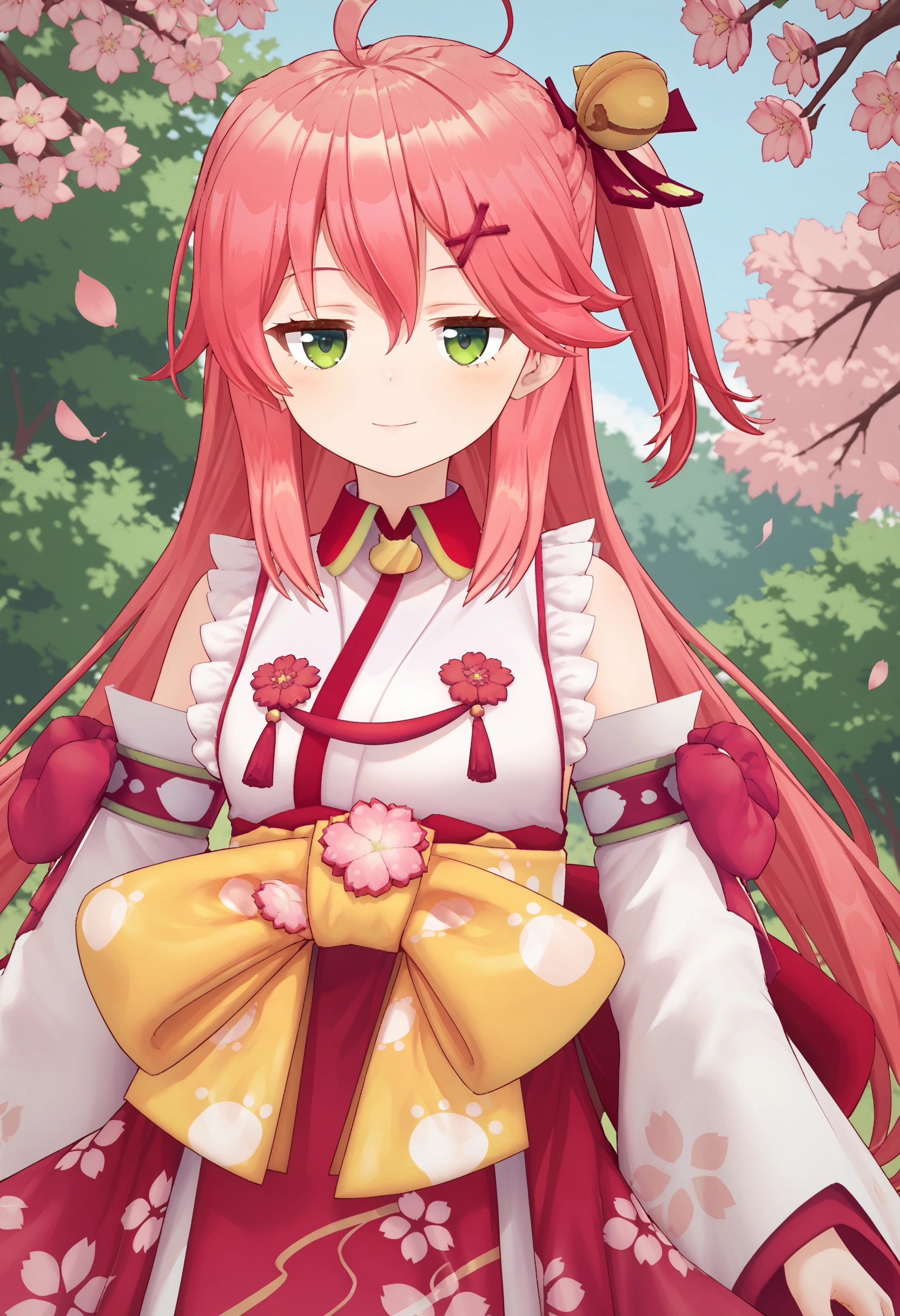 score_9, score_8_up, score_7_up, source_anime, anime, 1girl, milim nava, long hair, blue eyes, hair between eyes, twintails, very long hair, pink hair, ahoge,outdoor,Miko_nml ,pink hair,ahoge,green eyes,hair bell,hair ornament,x hair ornament, hair bell,long hair, one side up,floral print,detached sleeves,paw print,paw print pattern,cherry blossom print,looking at viewer,jitome