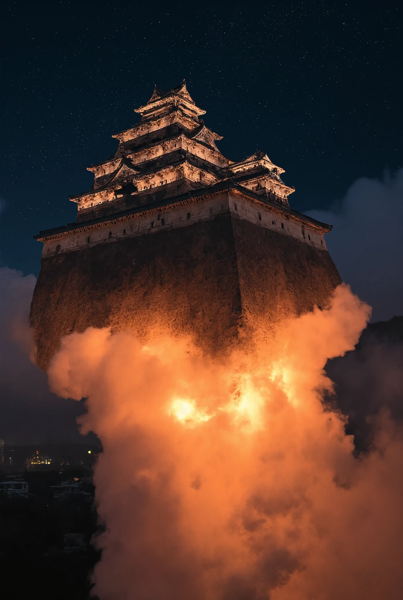 This is a story from the world of imagination. The main citadel of Himeji Castle is flying like a rocket in outer space. Huge flames are shooting out from under the stone walls of Himeji Castle. Countless stars are shining in space. Describe this magnificent and fantastic scene. detailed background, 