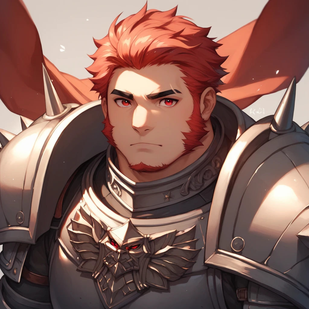 Scribble lion face,Human(lion),(armor:1.3), Chubby ,( black eyebrows :1.1),(Perfect red eyes),Red Hair，（artist:takemoto arashi），battlefield，（Great Sword:1.3），paw，（Blackbeard:1.3）。