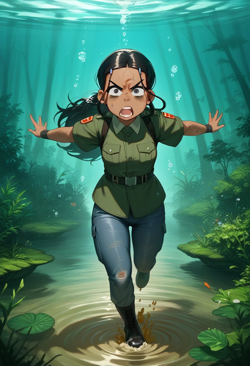 1girl, katara, soldier, (underwater view:1.1), drowning in quicksand ,fat girl, solo, fully submerged under surface of quicksand,  (bruise eye:1.1), (black eye:1.1), (eyes looking angrily:1.1), eyes half closed, (angry eyebrows:1.1), (wide open mouth:1.1), (young face:1.1), (fat body:1.1), green military uniform of the second world war, tight military jeans, black military boots, long black hair, long hair, dark skin, (fat legs:1.2), realistic style, best quality, good quality, good detailing, (quicksand:1.1), (forest:1.1), sunny weather