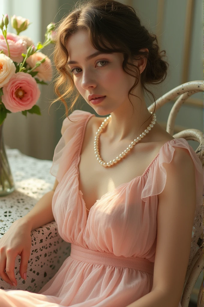 A delicate scene featuring a woman in a semi-sheer pink dress with layered pearls, vintage hairstyle, lounging gracefully on a vintage wrought iron chair. Her expression is soft and reflective, with golden sunlight highlighting her gentle features and tousled hair. The background is softly blurred, with pastel-colored flowers on a lace-covered table enhancing the ethereal ambiance