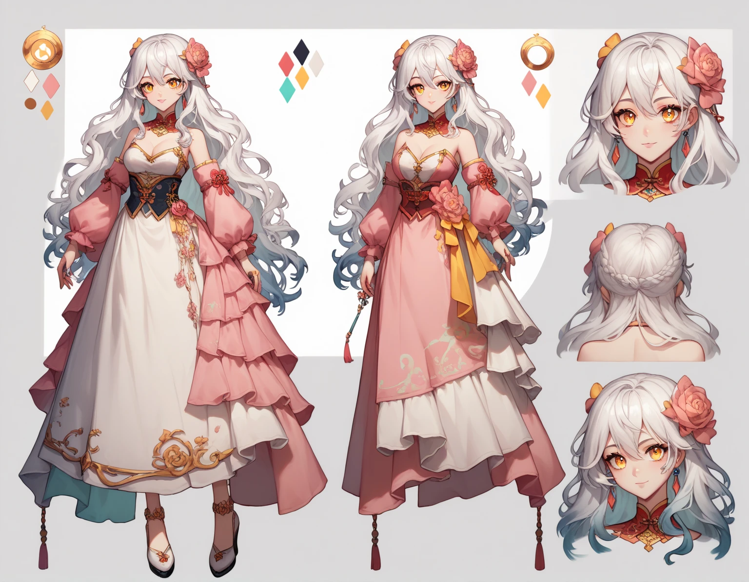  The model is a girl(( masterpiece, Highest quality)),  character sheet,  turn around, vtuber-whole body, whole body, detailed face, back and front,full body,  full of details ,  Very detailed , depth, front and back, 1 gril,  dressed in golden pink dress, slender , :3, long wavy hair, white hair,  crystal-clear hair , [[white hair]],  golden eyes , jeweled golden eyes, character reference, white clothes, beautiful, cute, the dress has ribbens,  chinese modern style,