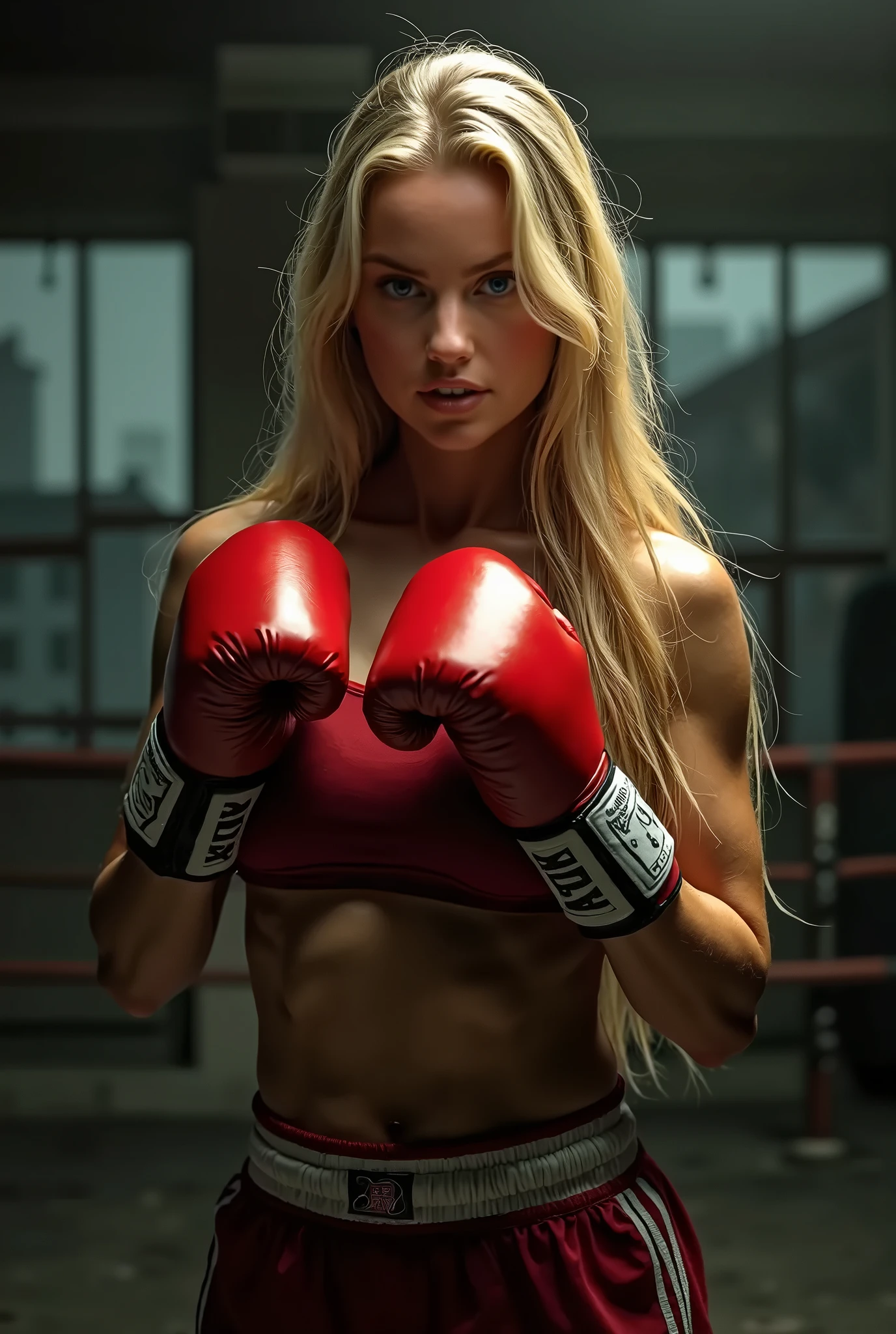 beautiful girl boxer, boxing ring, short shorts, stand, confident look, beautiful breasts, light T-shirt,
