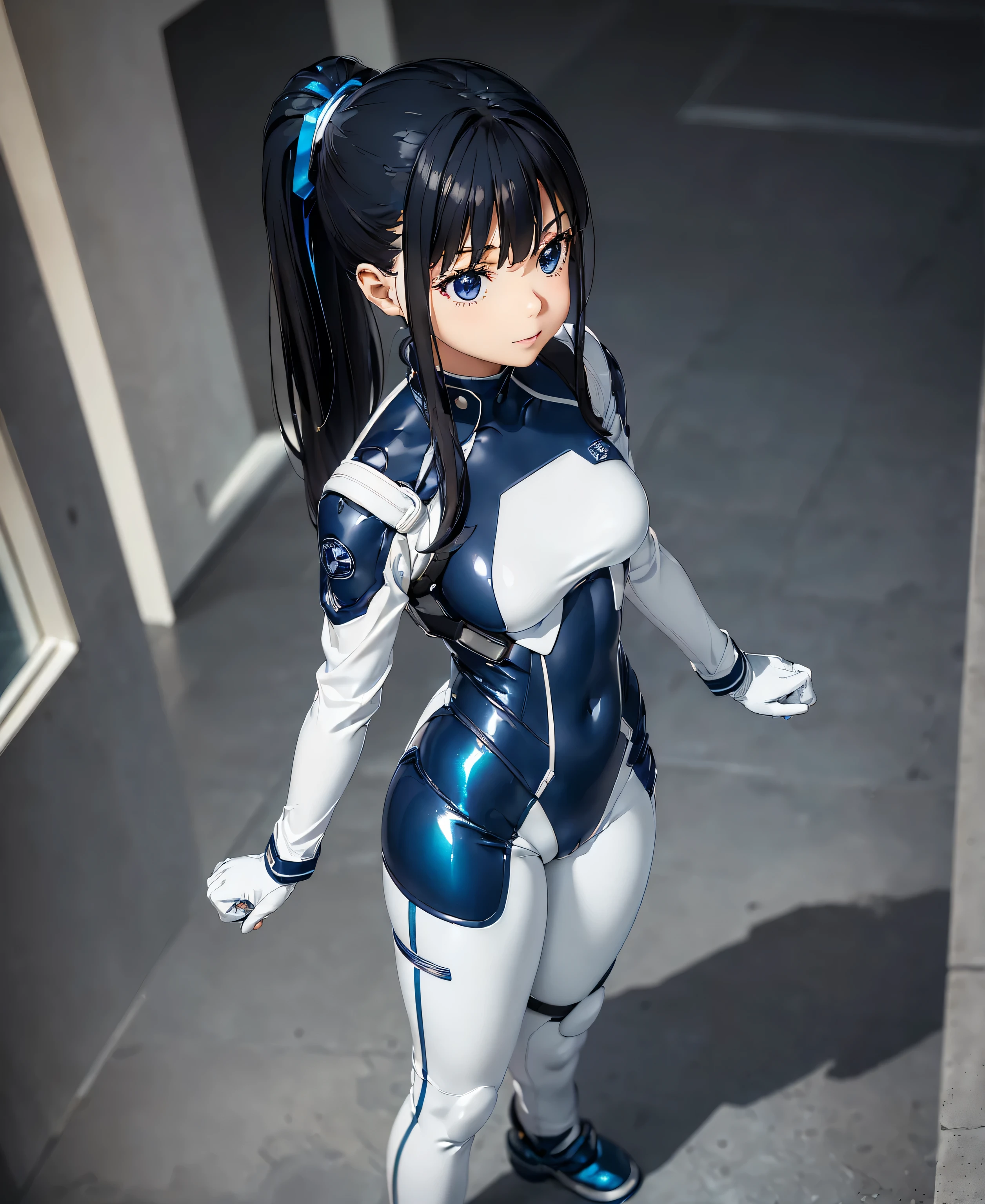 ((Holographic glow effect)),(masterpiece,Best Quality, highest resolution,Clear_image,Detailed details,The angle is from above): (solo,A girl alone,Japanese Faces, high knot ponytail,Dark blue hair girl, smaller breasts,( perfect body:1.4), Sparkling Blue Eyes ,(White and navy blue pilot suit,White and navy blue zero suit,White and navy bodysuit,White and navy tight-fitting clothing,Wear full white and navy blue cover,White and navy thigh-covering pants,White and navy shoulder cover outfit,White and navy cropped jacket,White and navy shiny clothes,White and navy tight-fitting pants that hide the legs,Armor to hide the chest,Hide your shoulders), very delicate and beautiful ,Detailed Skin,Slim body,Exoskeleton,Cute,A gentle smile,Soft expression,heroine,White and navy blue long boots,Elbow-length gloves),Mirror-polished floor,inoue takina,cockpit,Mecha,mechanical body,Fantasy,ROMANCE,CIENTIFCA,TEEROR,COMICS,NFWS,hero,JK,Kneel,Mirror-polished floor