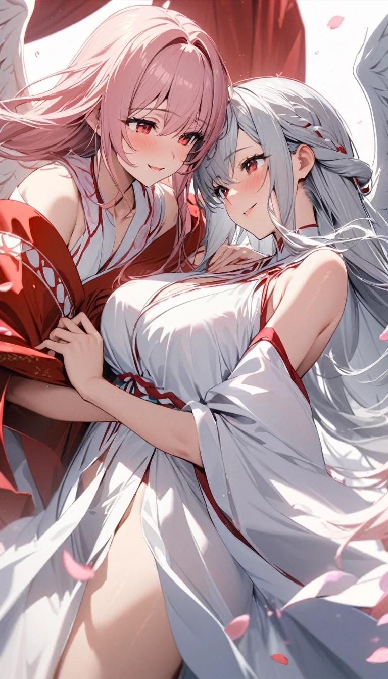 Wavy hair, (Grab another breast:1.3), Pink hair, masterpiece, best quality, 2girls, underboob, <lyco:underboob_grabbing_another:0.8>, (underboob_grabbing_another:1.0), Hanfu skirt, Flower print on skirt, Yuri, Long hair, Medium breasts