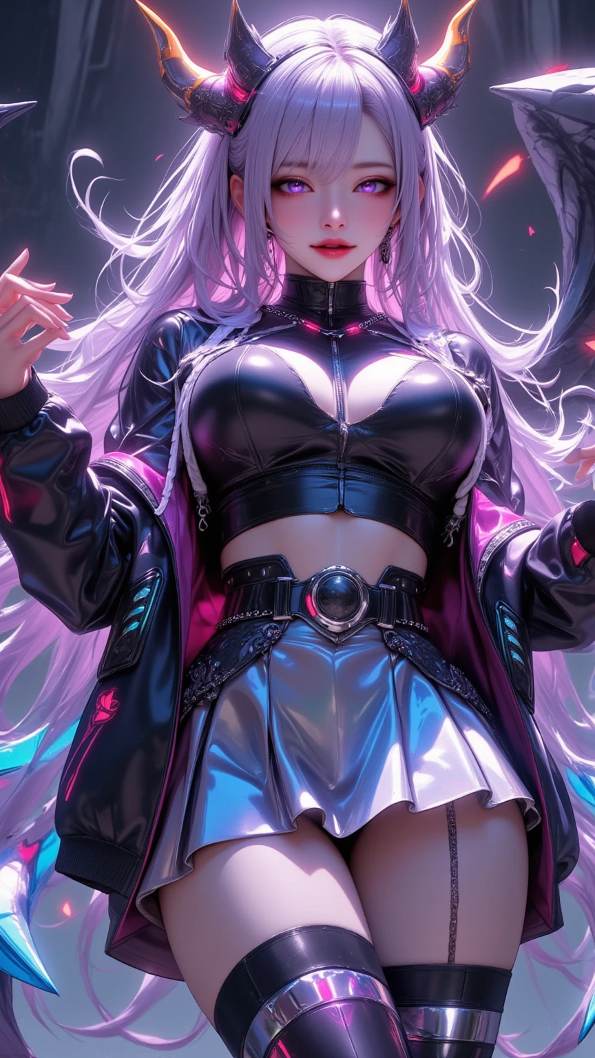 One young and beautiful woman,(Best Quality, very detailed depiction, Incredibly Absurd High Resolution ,High quality anime drawings:2.0),(Virtual idol wearing a cyber-inspired villain costume ),( Action Poses Like a Sci-fi Hero Show ),( The design combines futuristic and diabolical elements with classic maid features, villain style makeup with dark lipstick and eyeshadow , Cropped Jacket with Metal Shines and Epaulettes , Black Leathery High Neck Top ,Holographic pleated skirt with double hem and LED lights, Cyber Goggles or Glowing Hair Accessory , Metal Garter Belt or Chain belt , thick bottom platform shoes with glowing elements and mechanical details , red and neon blue accents based on metal silver and black , Strong cyberpunk feeling incorporating electronic lights and LEDs throughout the costume , Mechanical Horns Over Her Head , Mechanical Wings to Highlight a Cyberpunk Look ),(Purple Eyes, half-closed eyes, bewitching smile), full body image:2.0, standing:2.0,Inside electronic space , Virtual Space, Unreal World 