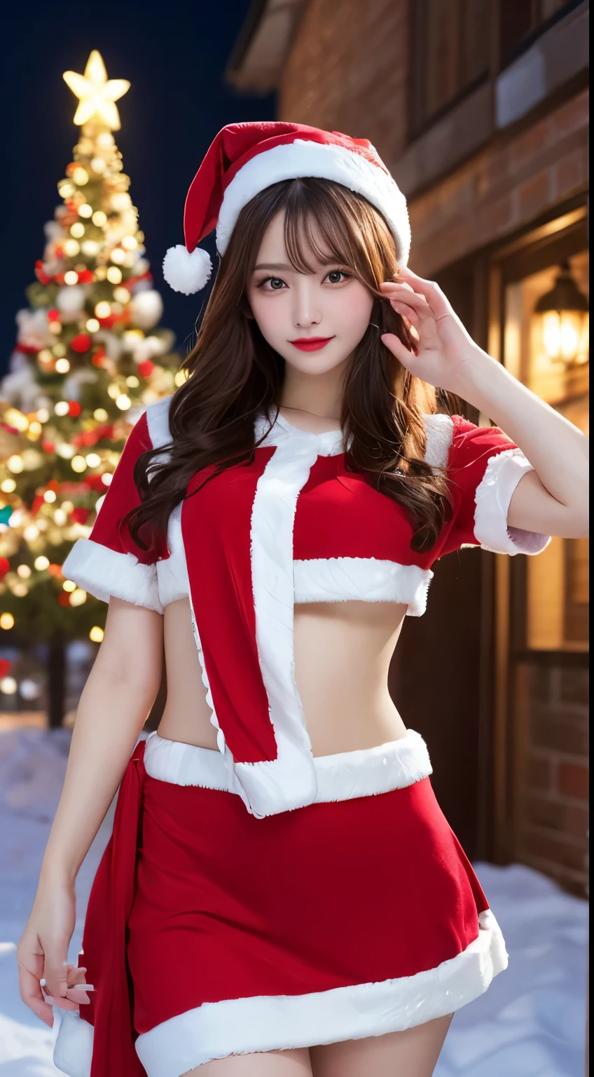 Araffe dressed in a santa outfit posing in front of a christmas tree ...
