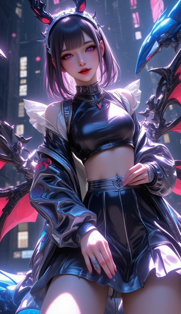 One young and beautiful woman,(Best Quality, very detailed depiction, Incredibly Absurd High Resolution ,High quality anime drawings:2.0),(Virtual idol wearing a cyber-inspired villain costume ),( Action Poses Like a Sci-fi Hero Show ),( The design combines futuristic and diabolical elements with classic maid features, villain style makeup with dark lipstick and eyeshadow , Cropped Jacket with Metal Shines and Epaulettes , Black Leathery High Neck Top ,Holographic pleated skirt with double hem and LED lights, Cyber Goggles or Glowing Hair Accessory , Metal Garter Belt or Chain belt , thick bottom platform shoes with glowing elements and mechanical details , red and neon blue accents based on metal silver and black , Strong cyberpunk feeling incorporating electronic lights and LEDs throughout the costume , Mechanical Horns Over Her Head , Mechanical Wings to Highlight a Cyberpunk Look ),(Purple Eyes, half-closed eyes, bewitching smile), full body image:2.0, standing:2.0,Inside electronic space , Virtual Space, Unreal World 