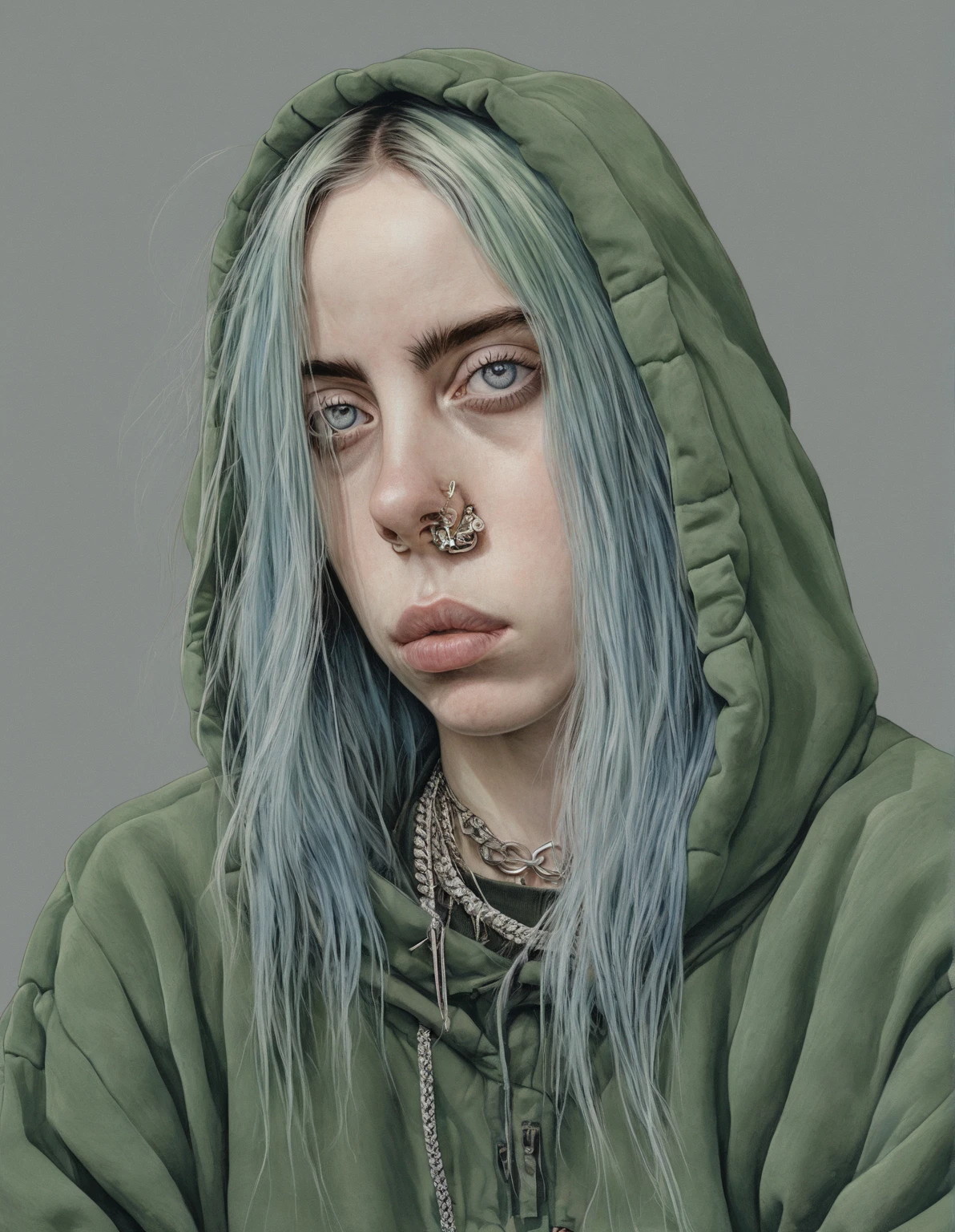 Um retrato realista de Billie Eilish: a young woman with pale skin ,  piercing blue eyes ,  ( green roots fading to black ). Ela está usando streetwear oversized,  like a loose sweatshirt and loose pants .  Her expression is a mix of confidence and introspection.  The background is simple and doesn't distract her .  Emphasis on her unique style and presence , with huge breasts,  erotic pose  