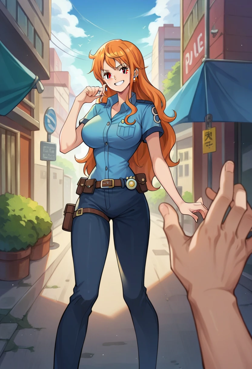 score_9, score_8_up, score_7_up, score_6_up, score_5_up, score_4_up, BREAK source_anime,POV,city, outdoor, smile, standing, nami_post, orange hair, long hair, wavy hair, side locks, brown eyes, large breasts, police outfit, police costume, 