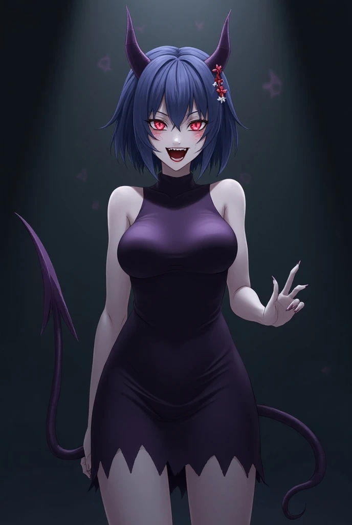 score_9, score_7_up, zhaleh, 1girl, solo, monster girl, grey skin, scar on face, black dress, embarrassed, annoyed, cleavage, night, depth of field, blush, impossible dress