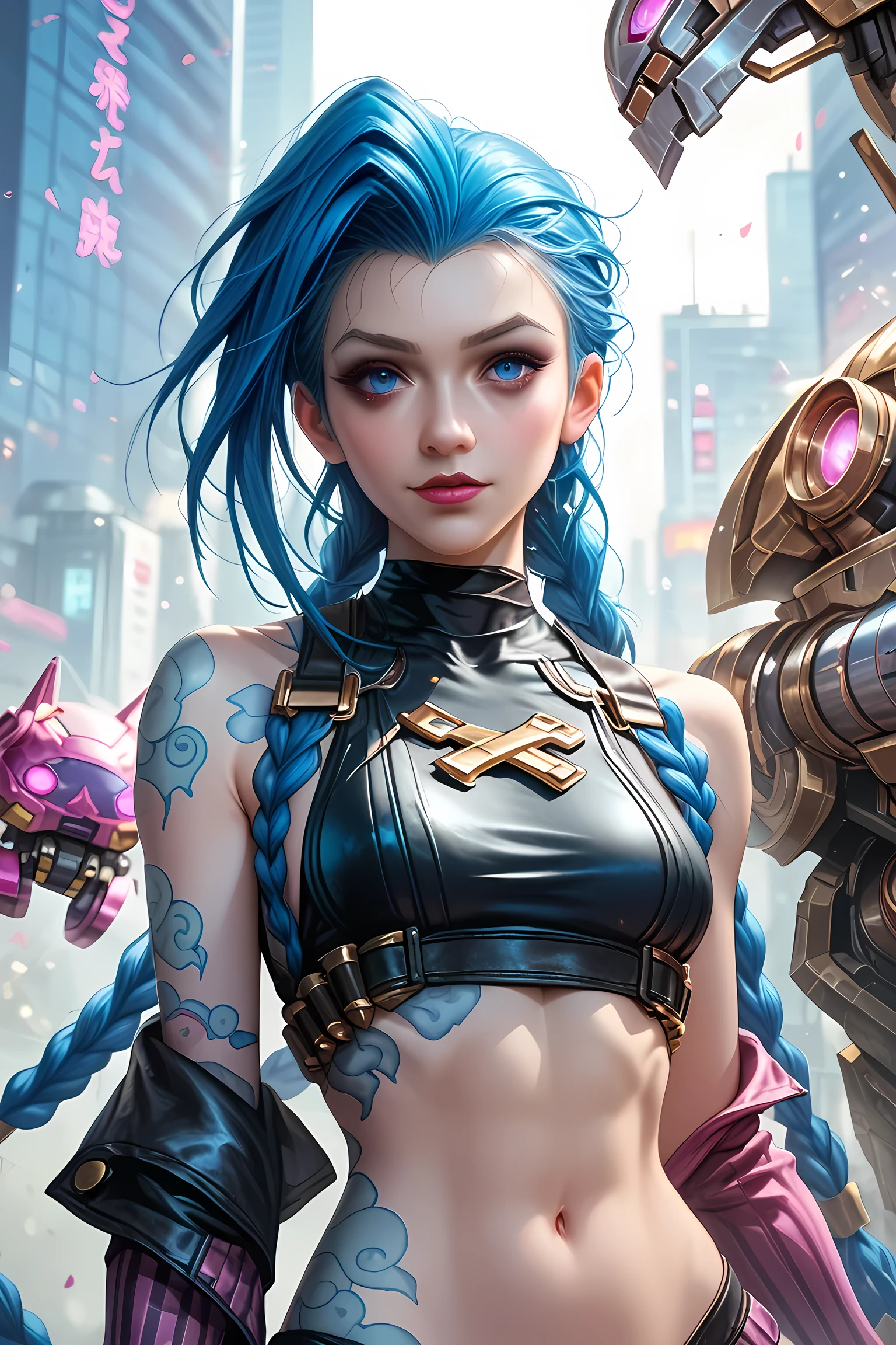 a futuristic Jinx from League of Legends Arcane, female warrior, a mask front of her half face, (finely detailed leather), pale skin, (in a deep, sexy, highly detailed, futuristic cyberpunk black crop top and briefs made of circuit boards, Japanese words with flash effect., beautiful epic composition, Futuristic, masterpiece, attractive, posing for a photograph, dark blury background