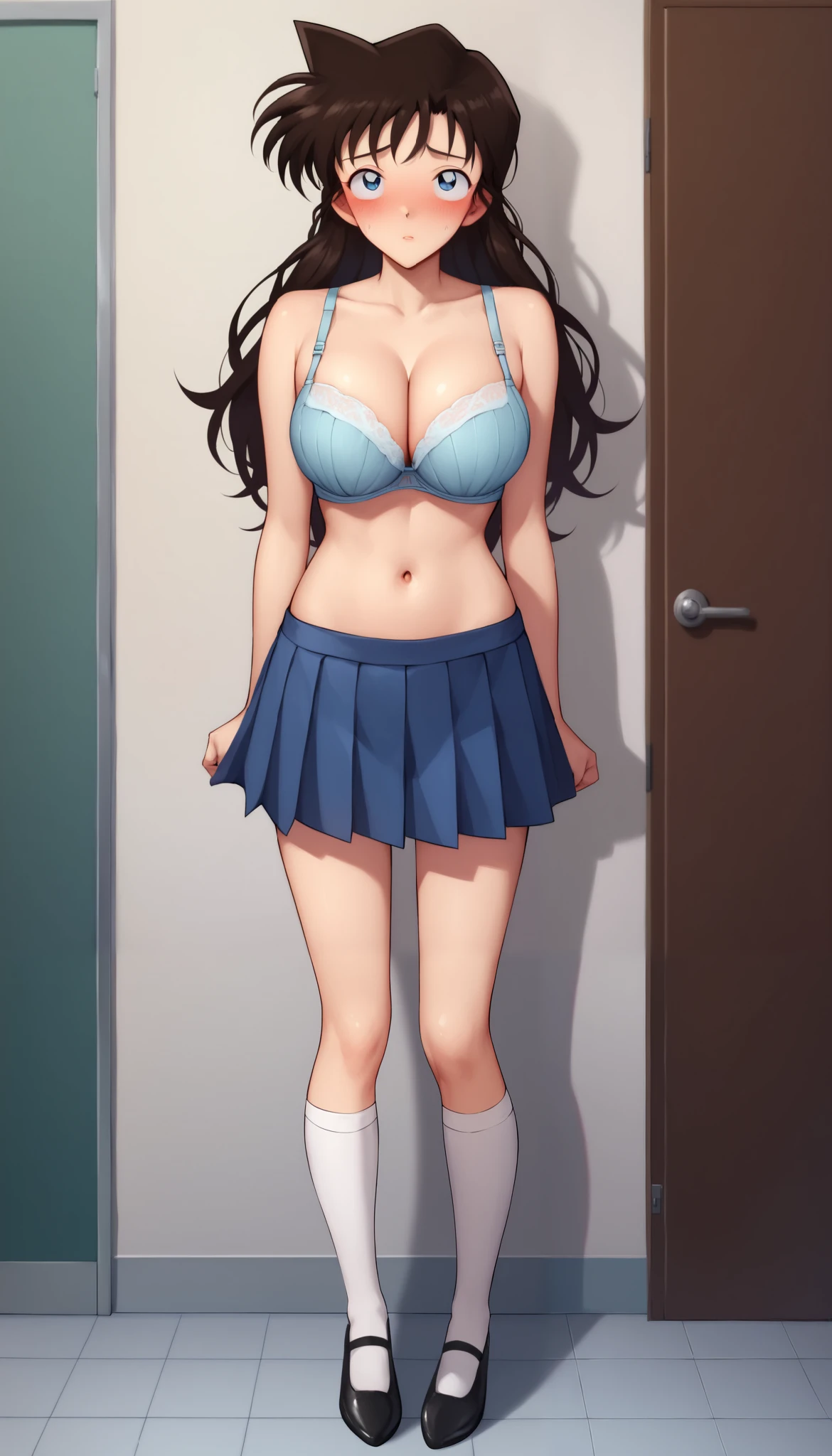 RanMoriDCXL, 1 girl, ran mori, detective conan, blue eyes, dark brown hair, blush, long hair, 1 pointed hair, bangs, ((thigh high socks:1.0)), large breasts, slender body, ((tall body:1.2)), ((long legs:1.0)), red face, ((hesitant)), ((shy pose)), embarrassed, ((half open eyes:1.2)), avert eyes, wrinkle lips, blue pleated short skirt, white stockings, black shoes, solo, standing, indoors, front view, full body front view, straight front no angle, zoom out, ((hands straight down:1.2)), ((bare shoulder:1.2)), standing straight, cleavage, ((pale light blue bra)), ((breasts out)), collarbone, ((expose full breasts)), ((bare naval)),((bare torso)), ((bare belly button)), flat stomach