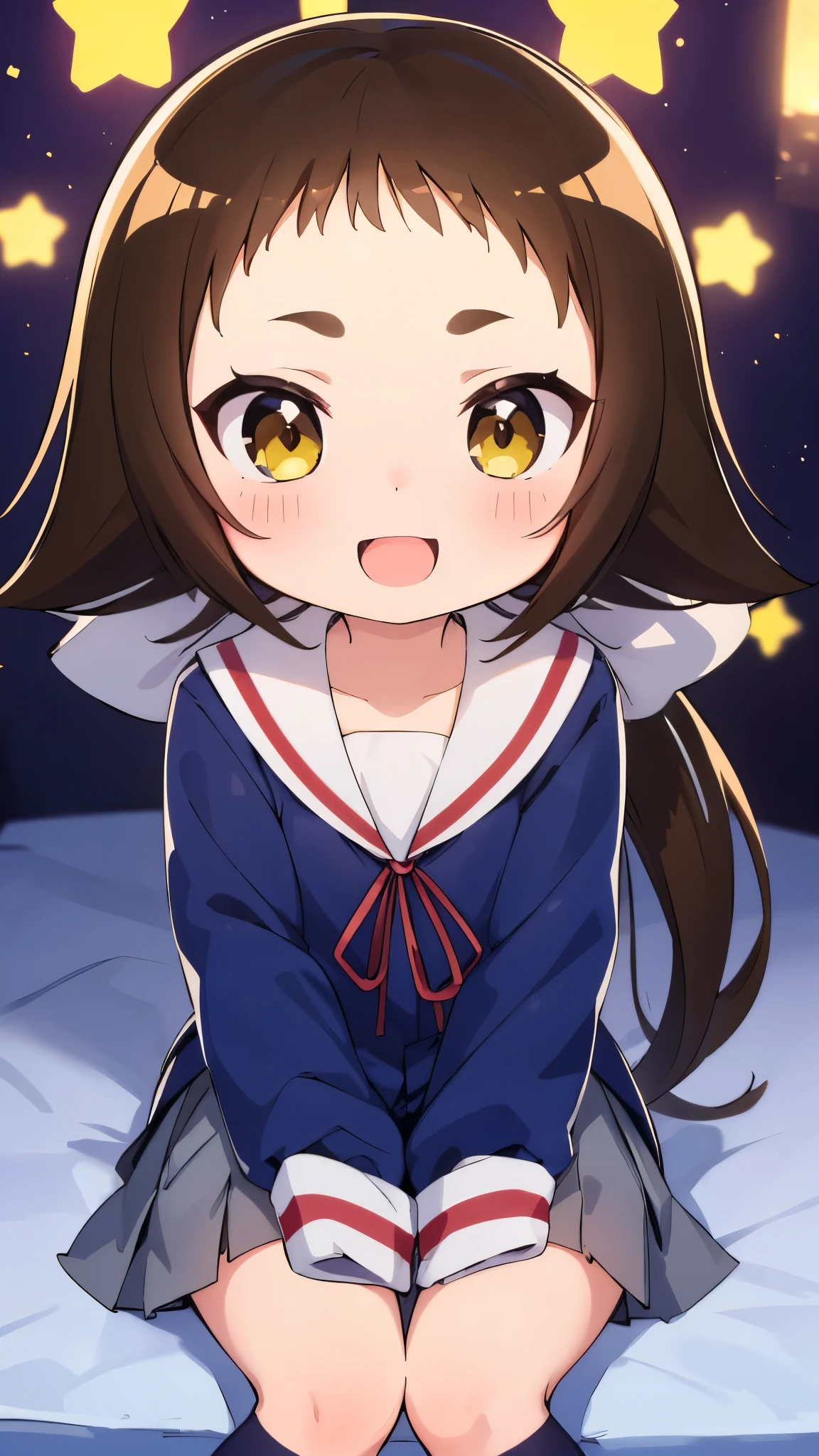 (((((**** face))))),(((((Mimine Mashiro))))),(((((Unconfirmed and ongoing))))),(((Star pattern background))),(((many spoken heart))),((( ponytails))),((( smaller))),((( is embarrassing))),(((((blush))))),((( yellow eyes))),((((( elementary school students))))),((((( super mini skirt ))))),(((((whole body))))),(((((Navy blue uniform))))),((((( is short))))),((( white skin))), panties visible ,((((( s体型))))),(((((Thighs))))),((((( s))))),( chibi),(Best Quality),masterpiece,Best Quality, Hi-Res, very detailed,ultra  Hi-Res,One person, I feel the audience ,Detailed costume, skin texture, Movie Lighting, professional lighting with falling leaves,((((( s))))), white panties,( flat chest),(a bit),cute,(((smile))),(((Brown Hair))),sleeves past wrists, characters with open mouth ,fang, sitting,(((((Deformation))))),((((( chibi))))),((((( minicaras)))))