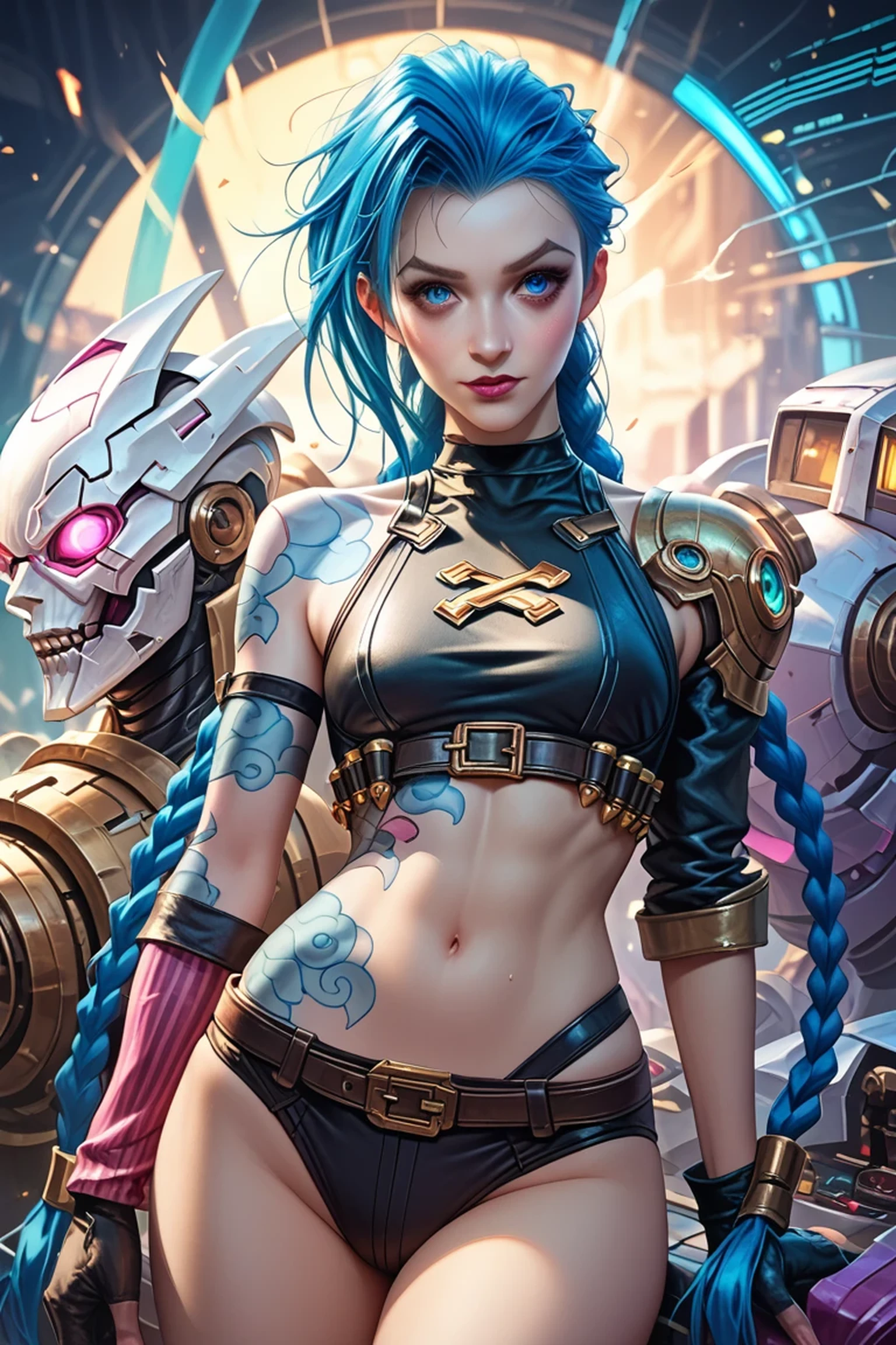 a futuristic Jinx from League of Legends Arcane, female warrior, a mask front of her half face, (finely detailed leather), pale skin, (in a deep, sexy, highly detailed, futuristic cyberpunk black crop top and briefs made of circuit boards, Japanese words with flash effect., beautiful epic composition, Futuristic, masterpiece, attractive, posing for a photograph, dark blury background