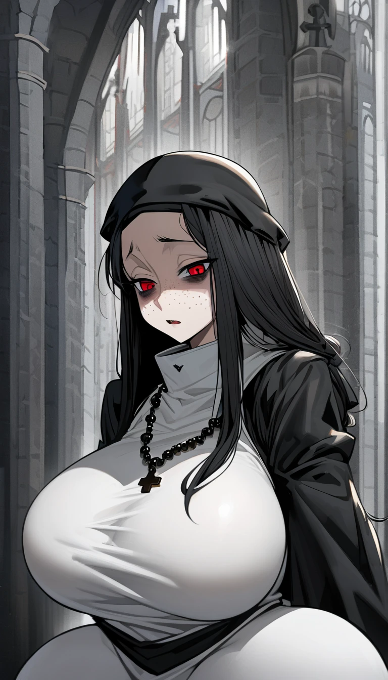  one woman,Black Hair,long hair,Hair tips that bounce outward, Red Eyes,Sanpaku,bags under eyes,Freckles,  looks bad,shark mouth, Huge, Saggy Breasts ,Big Ass,nun,wimple,Shoulder blades,White tights,Rosary, head on, and I can see my whole body,Cathedral background