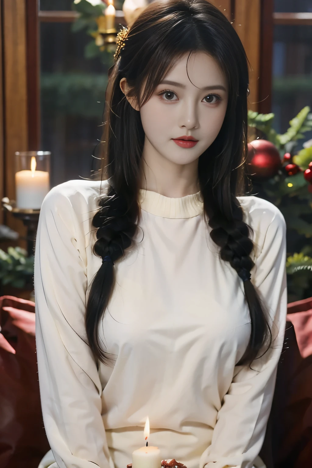 xxmix_girl,A woman with long hair wears a light-colored sweater,Holding a candle in his hand,Looking at the camera,Christmas atmosphere