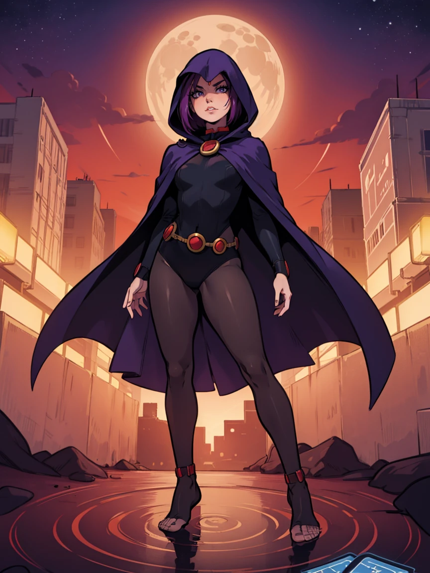 ((photo by full body, standing, Feet on the ground))illustration of Raven from DC Comics, 1 girl, Raven, high collar, collant preto, black cloack, hooded cloak, cabelo roxo, testa jeauel, purples eyes, shorth hair, waist belt, stretched skin, standing, neckleace, toned, pose, natta , moonlights, ((posando)), motion lines, trunk, trunk, portraite, b&au. contour, in anime tarot card art style, chic, glamorous, reflection, Glow Up, shadowing, pantyhose 40 dinier, mic, dynamic angle