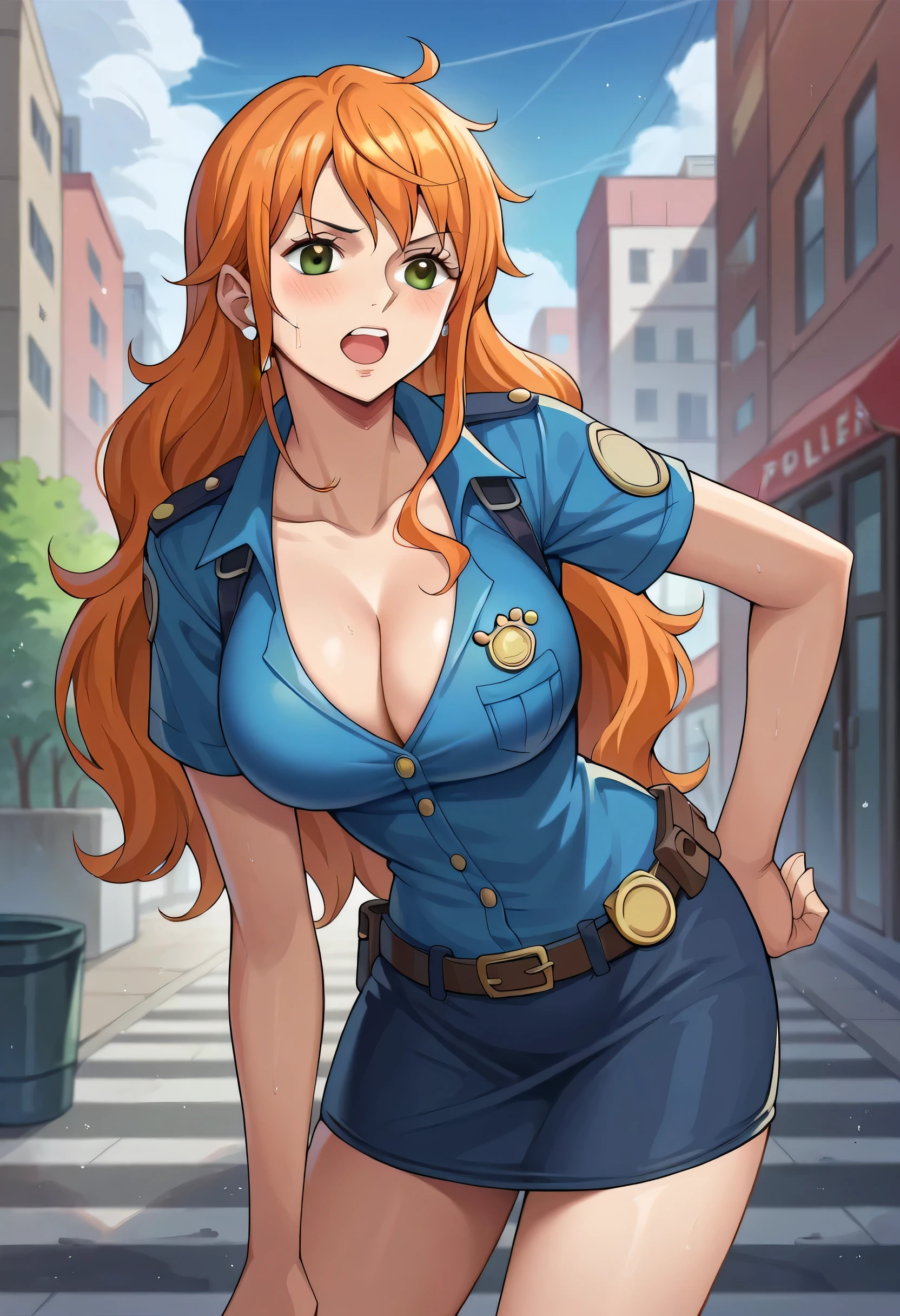 score_9, score_8_up, score_7_up, score_6_up, score_5_up, score_4_up, BREAK source_anime, city, outdoor, nami_post, orange hair, long hair, wavy hair, side locks, brown eyes, large breasts, police outfit, police costume, cleavage,, large breasts